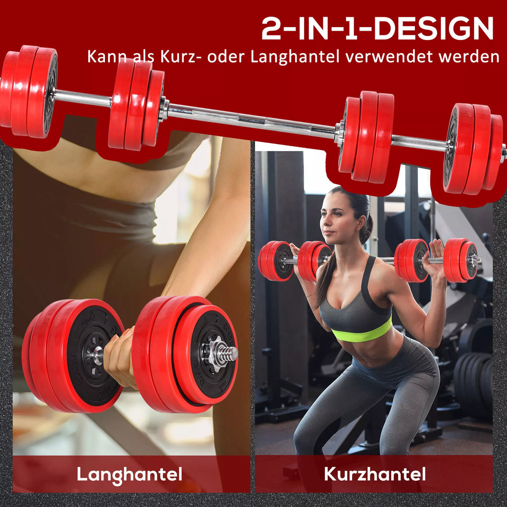 Hantelių rinkinys 20/30 kg 2-IN-1 hanteliai ir štangos; reguliuojami svorio kėlimo įrankiai namams, fitnesui, raumenims, plieniniai, PP plastikiniai, geležiniai, smėlio spalvos, raudoni + juodi, 21,5 x 21,5 x 3,8 cm