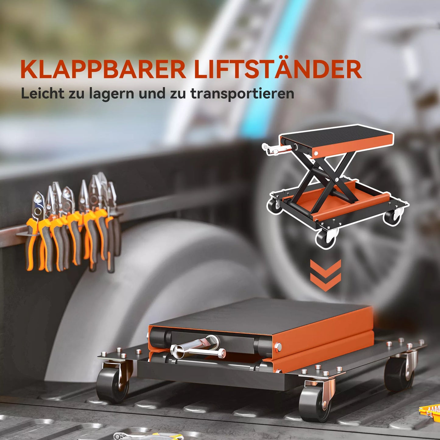 Motociklo keltuvas 500 kg, motociklo pakelimo platforma, reguliuojamas aukštis 135–390 mm, plienas, oranžinis