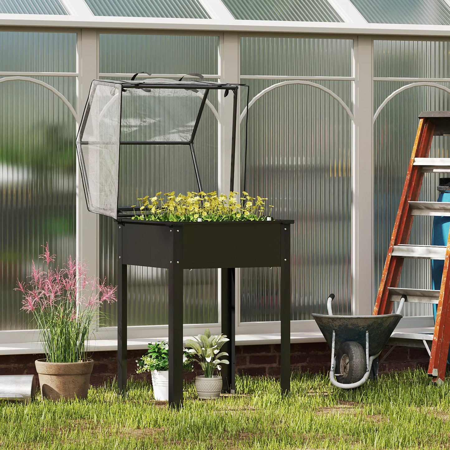 Aukštas lysvė su šiltnamio stogu, pakelta augalų dėžė su drenažo skylėmis, 60 x 60 x 120 cm, juoda