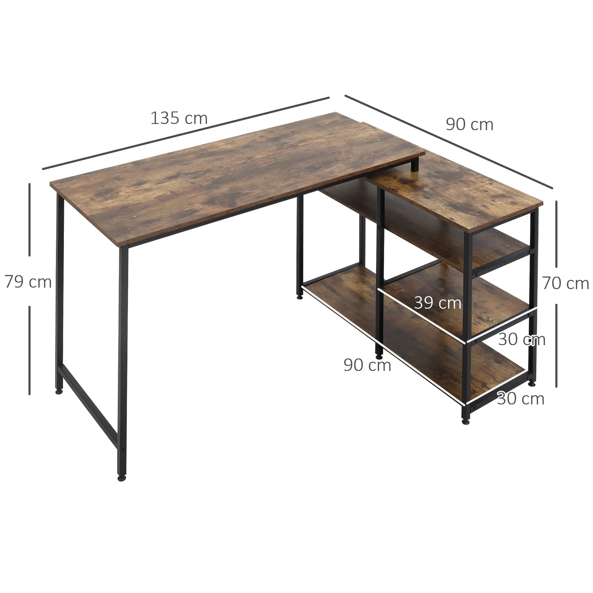Kampinis stalas L formos su lentyna ir stalčiumi, 135 x 90 x 79 cm, rudas/juodas