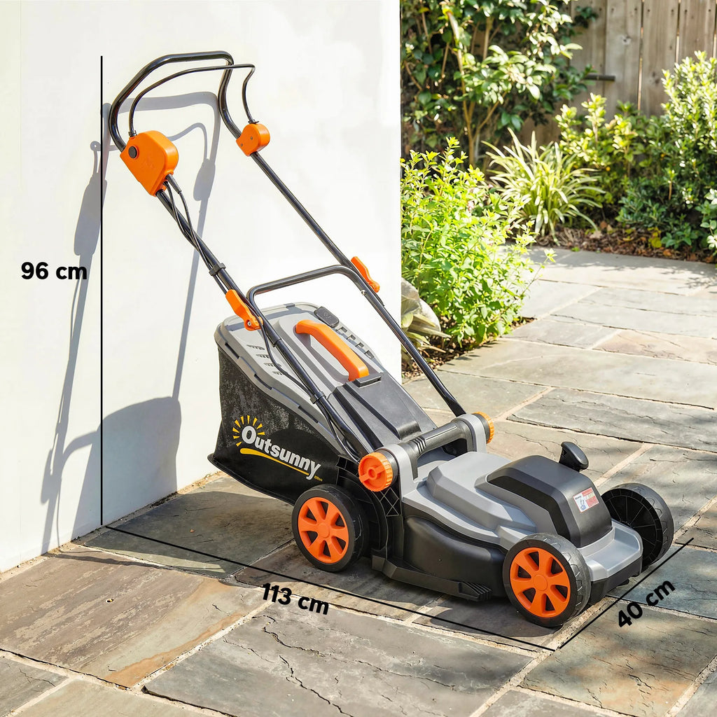 Elektrinė vejapjovė 1200 W, pjovimo plotis 34 cm, 35 l surinkimo krepšys, mulčiavimo funkcija, 6 pjovimo aukščiai, reguliuojami rankenų aukščiai