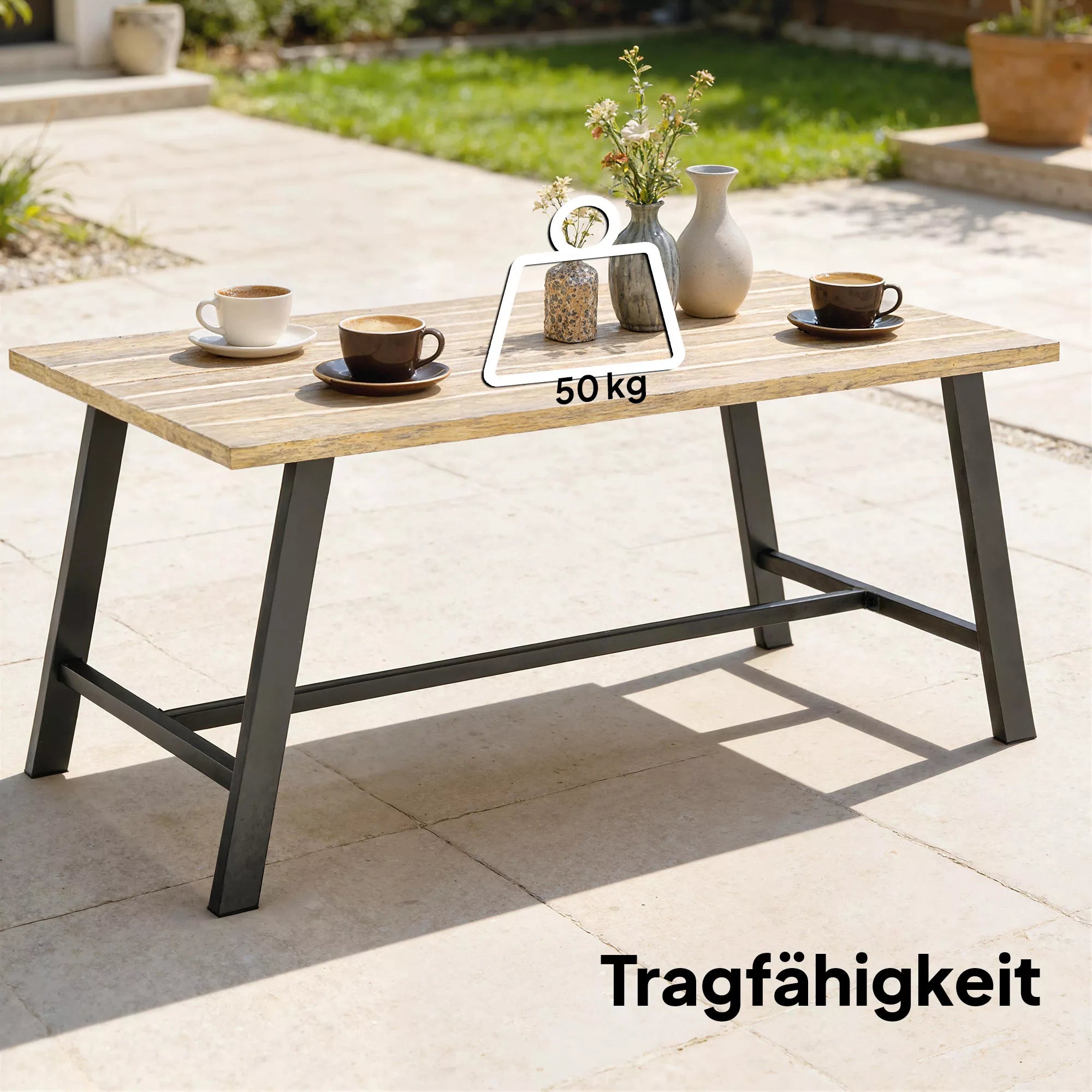 Lauko staliukas, stačiakampis metalinis staliukas su medžio imitacijos stalviršiu, 100 x 55 cm, rudas