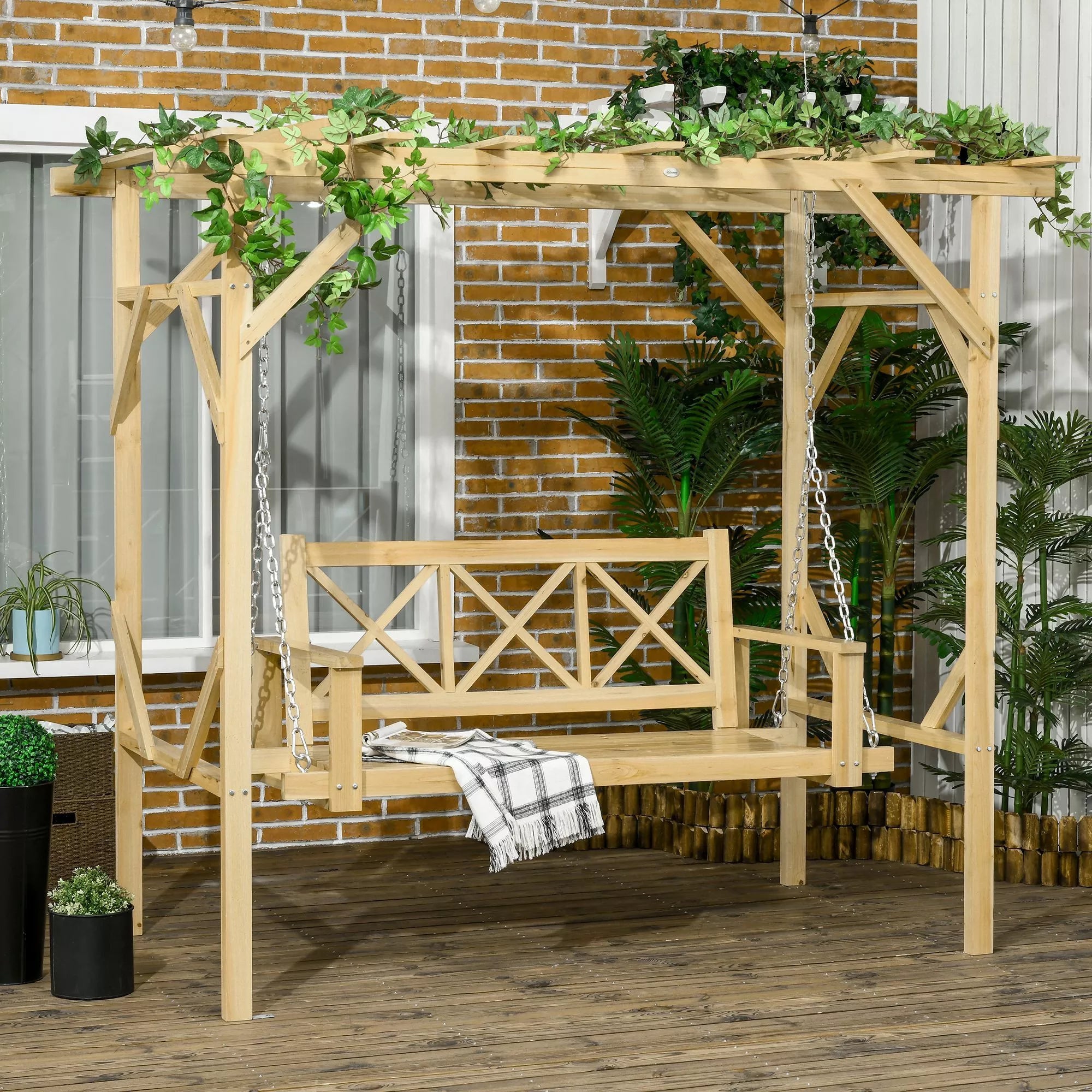 Sūpynės su pergola, 2 asmenims, reguliuojamo aukščio, masyvi medinė konstrukcija, 2,21 x 1,40 x 1,96 m