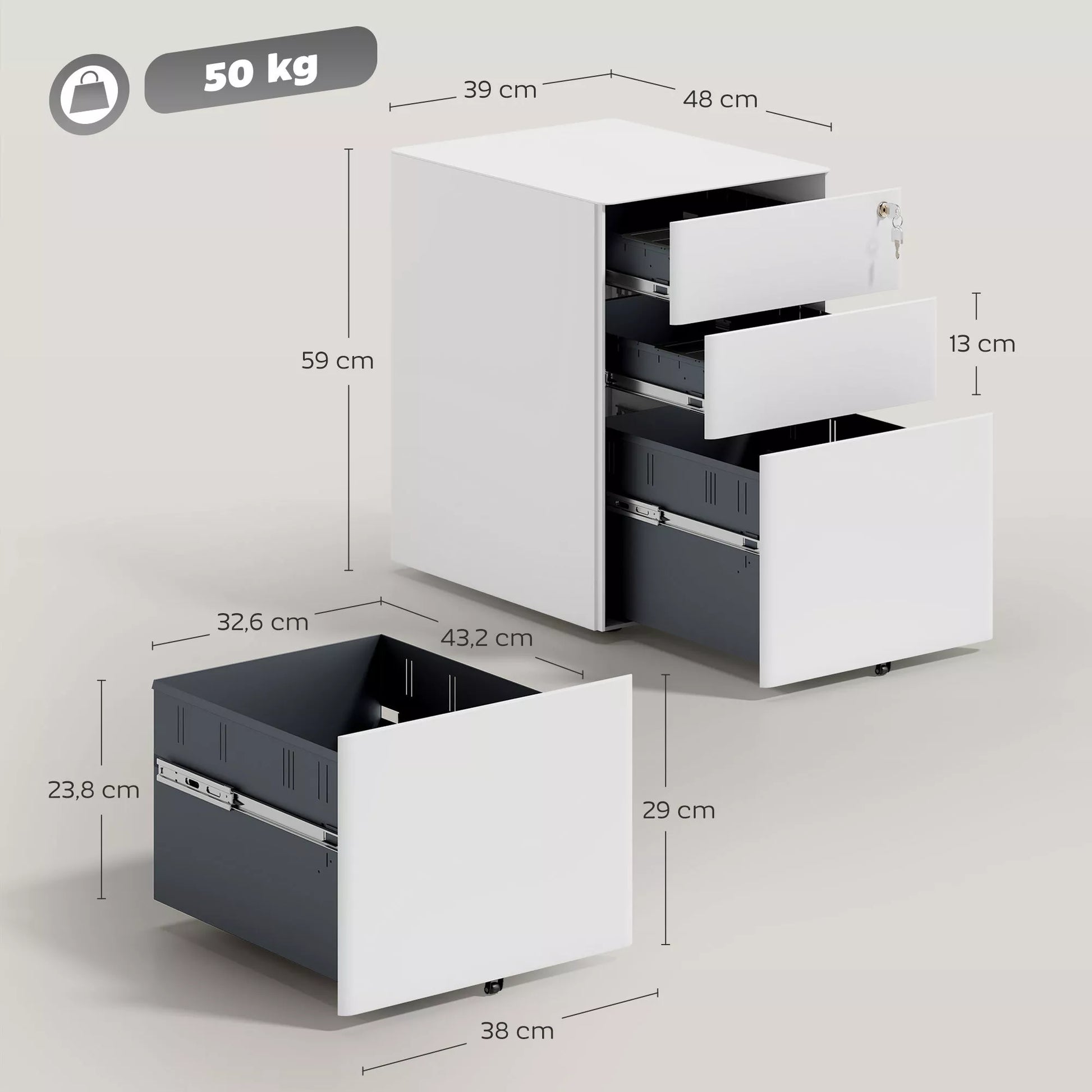 Ratinis konteineris su 3 stalčiais, mobilus dokumentų spintelė su ratukais, užrakinama, biuro spintelė su pakabinamais dokumentų dėklais, rašiklių dėklas, biuro konteineris biurui, namų biurui, 39 x 48 x 59 cm, balta spalva