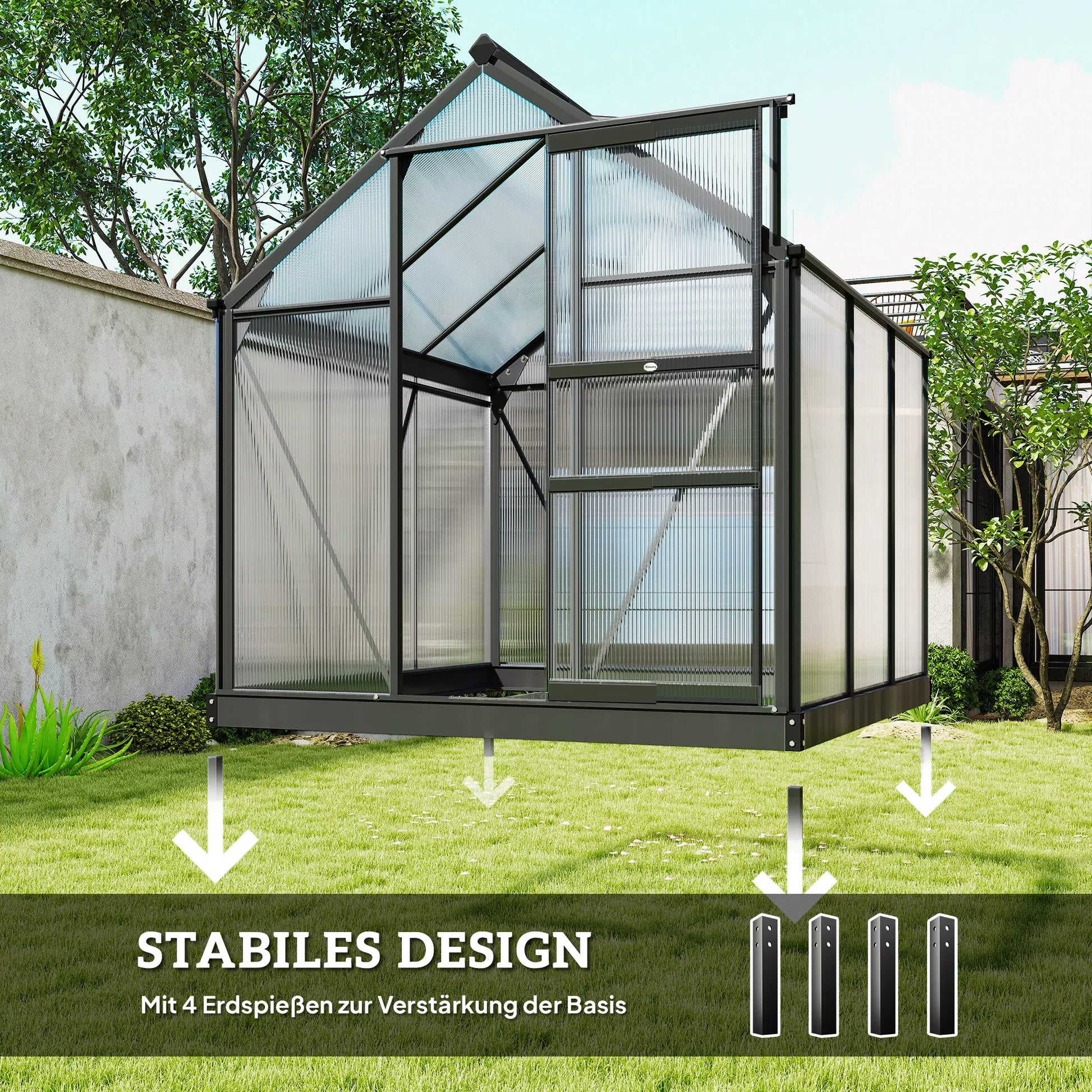 Aliumininis šiltnamis 3,65 m² su pamatu, stoglangiu ir stumdomomis durimis, 4 mm polikarbonatas, atsparus UV, 190×192×201 cm