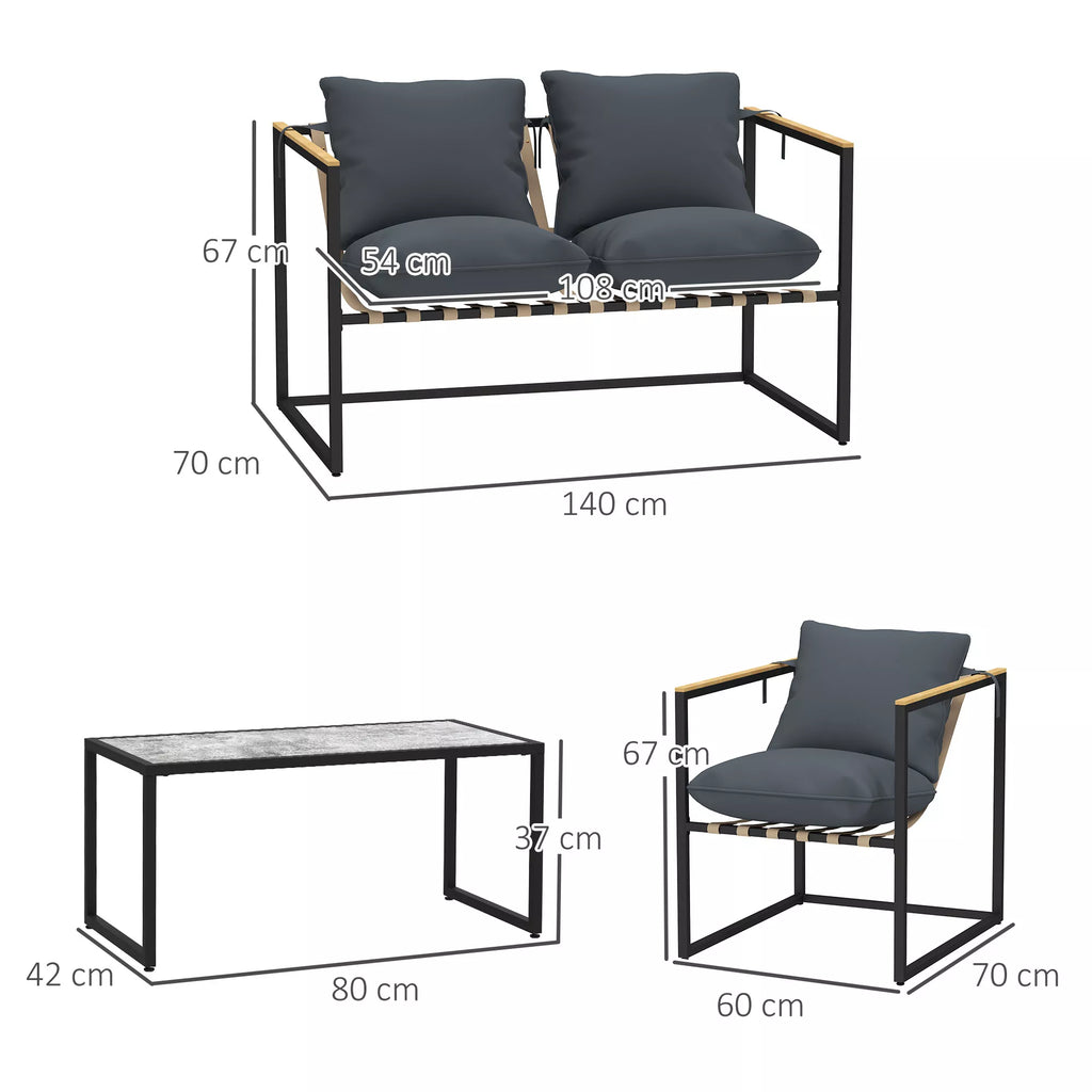 4 dalių sodo baldų komplektas, lauko baldų komplektas, 2 foteliai, 2 vietų sofa, 1 stalas, paminkštinti, plienas, poliesteris, pilkos spalvos