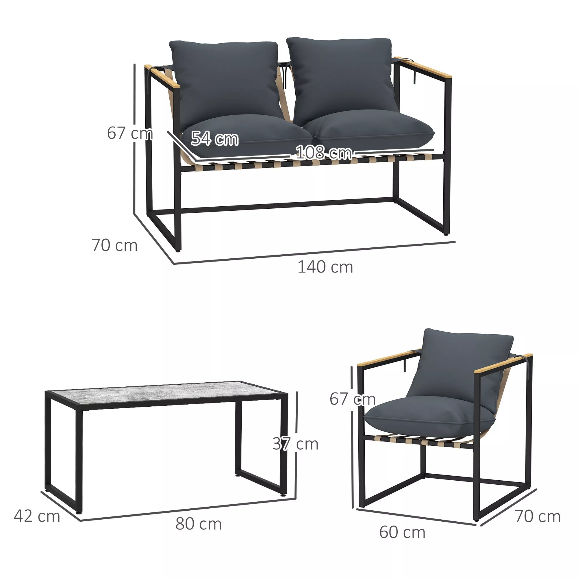 4 dalių sodo baldų komplektas, lauko baldų komplektas, 2 foteliai, 2 vietų sofa, 1 stalas, paminkštinti, plienas, poliesteris, pilkos spalvos