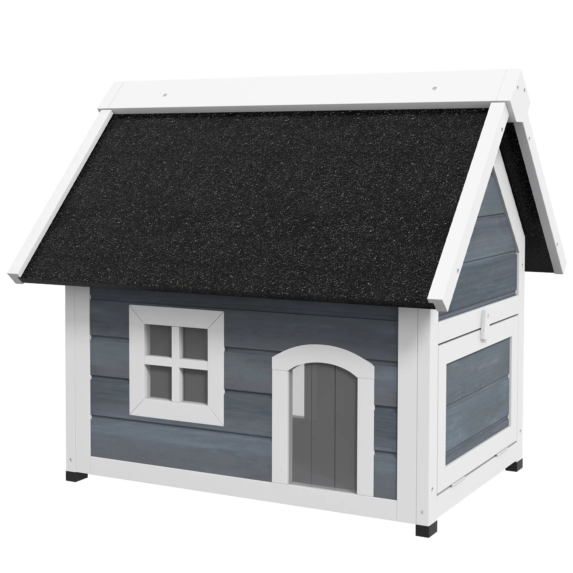 Katės namelis, atsparus atmosferos poveikiui, su langu, 77x57,5x68 cm (be asfalto stogo), pilkos/baltos/juodos spalvos