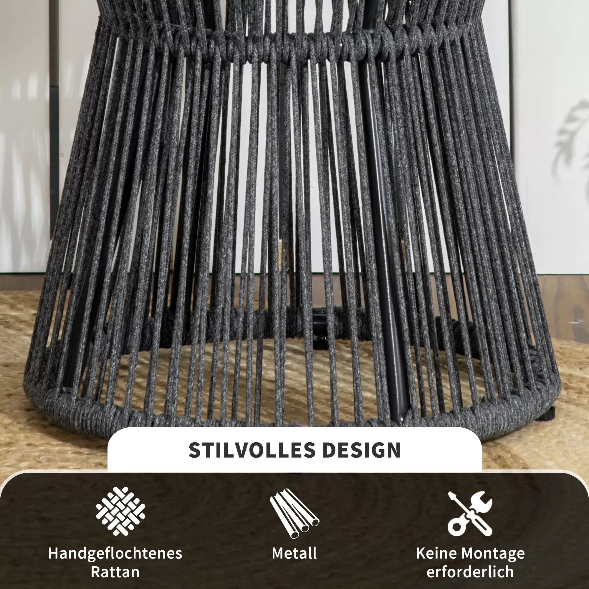 Boho stiliaus sodo stalas, atsparus atmosferos poveikiui, PE rotangas, 39 cm x 39 cm x 49 cm, juodas + natūralus