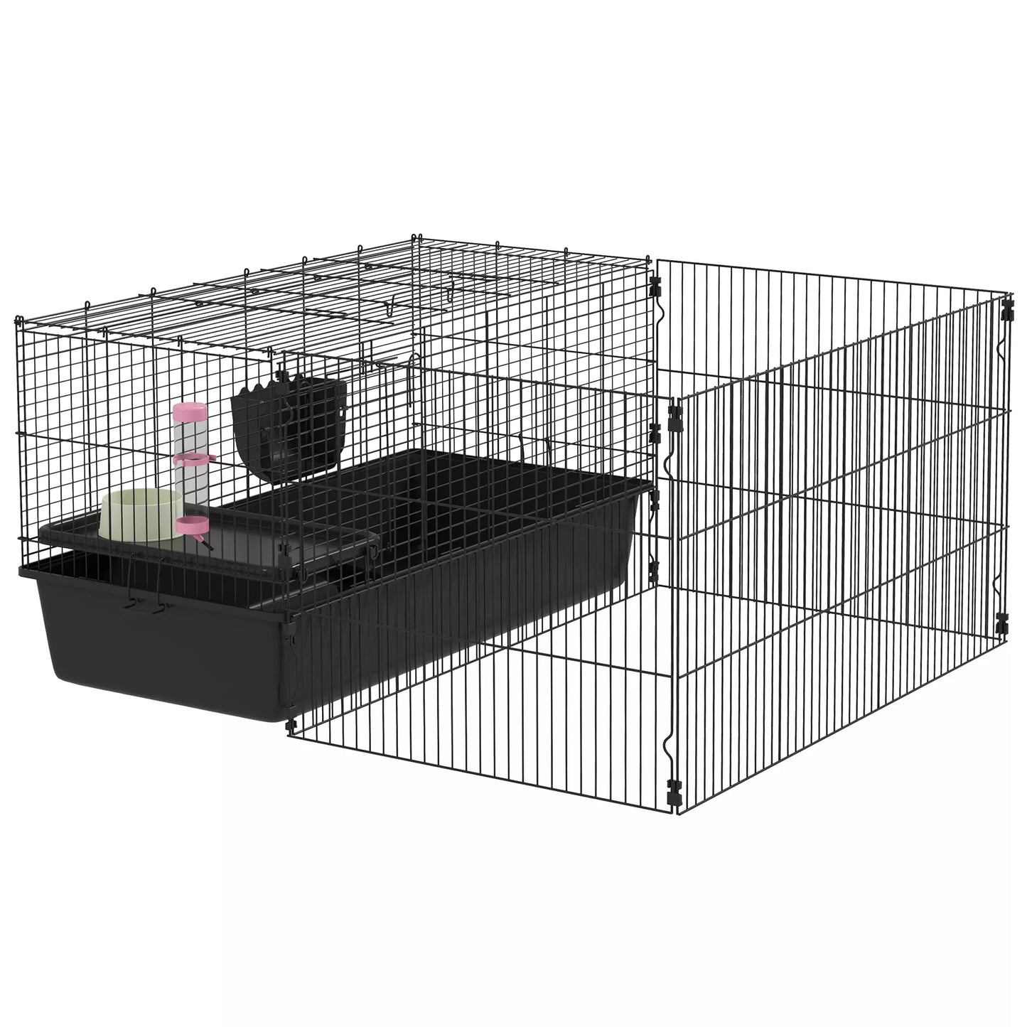 Mažų gyvūnų narvas su nuimamu aptvaru, maniežas su narvu, įskaitant priedus, juodas