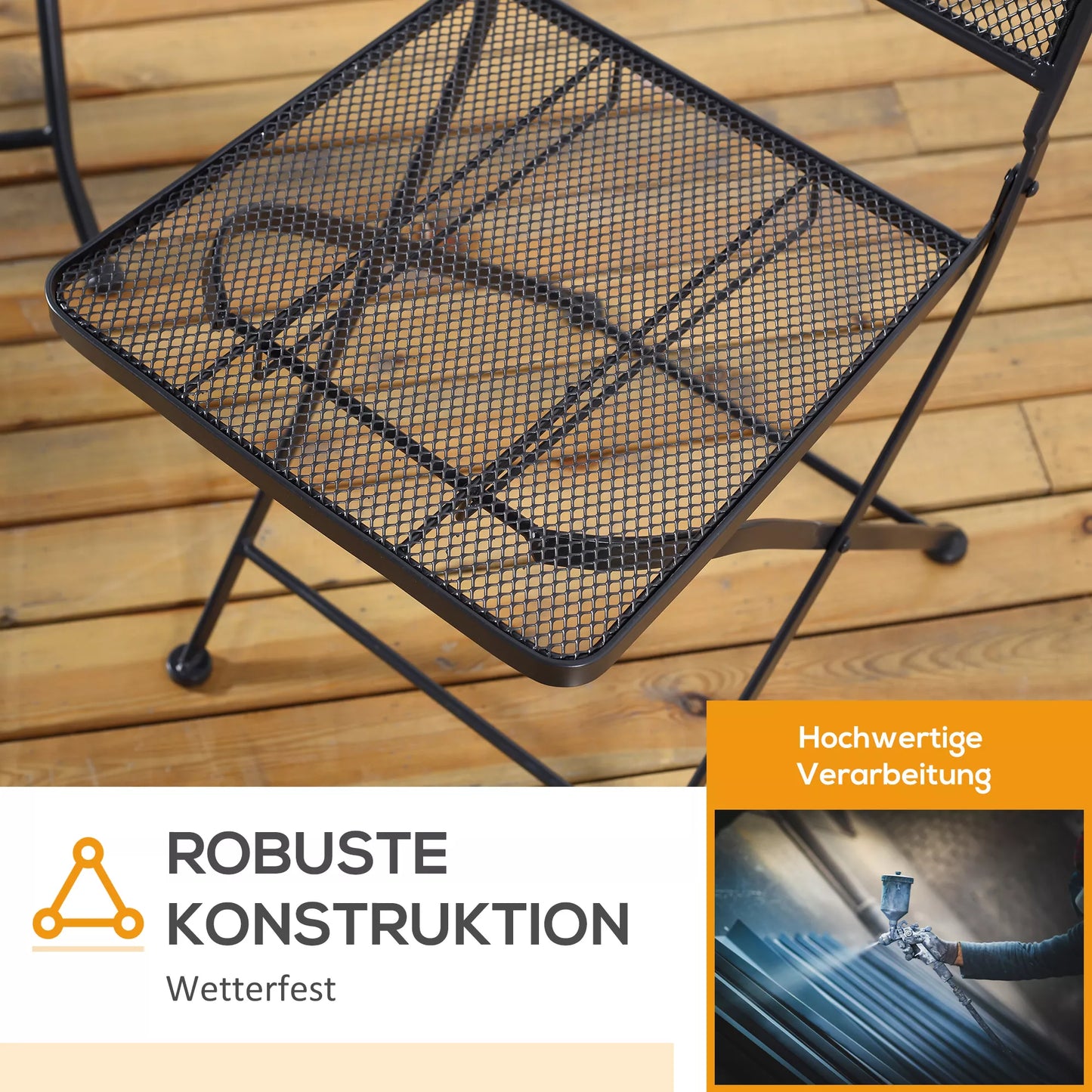 Sodo baldų komplektas 2 žmonėms, Bistro rinkinys, 1 stalas + 2 sulankstomos kėdės, Terasa, Balkonas, Metalas, Pilkas