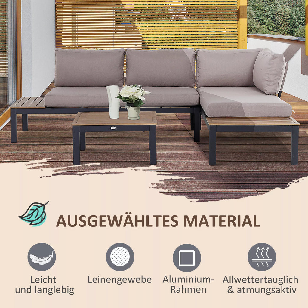Sodo baldų komplektas 3 asmenims su pagalbiniu staliuku, sofa su pagalvėlėmis, skirtas lauke naudoti, pagamintas iš aliuminio, 164 x 74 x 69 cm