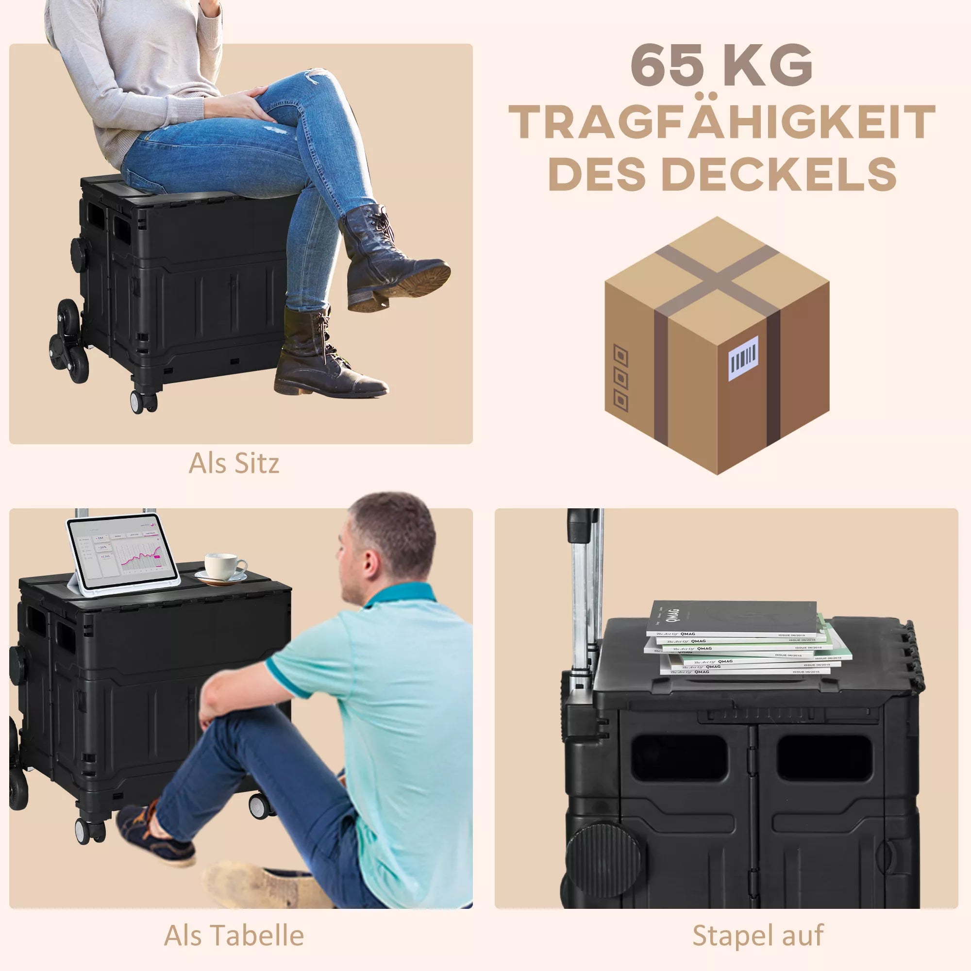 Pirkinių vežimėlis, laiptų kopiklis,  sulankstomas, teleskopinė rankena, maksimalus apkrovos svoris iki 65 kg, juodos spalvos