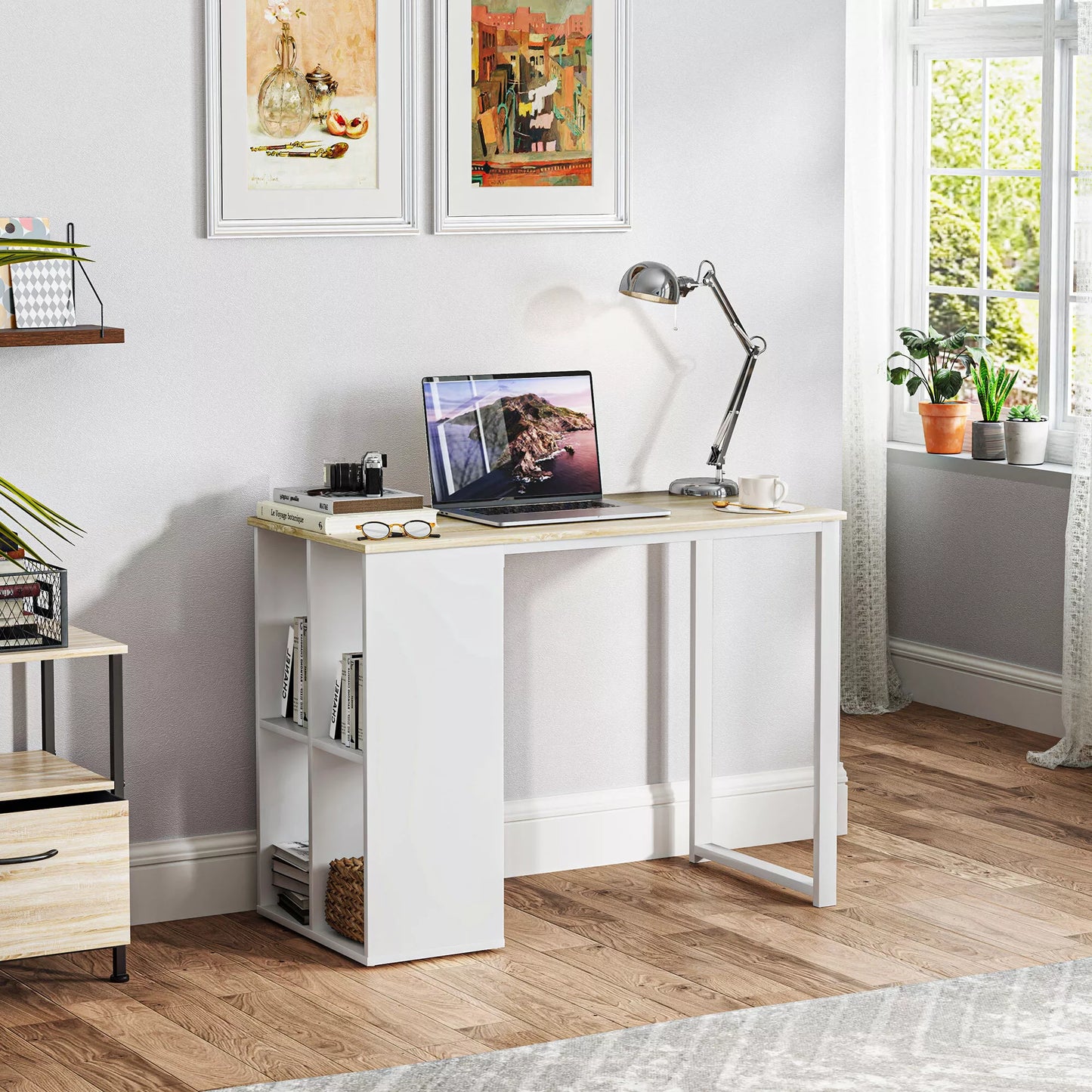 Kompaktiškas kompiuterio stalas, modernus rašomasis stalas su laikymo skyriais, skirtas mažoms patalpoms, 100 x 54 x 75 cm, baltas.