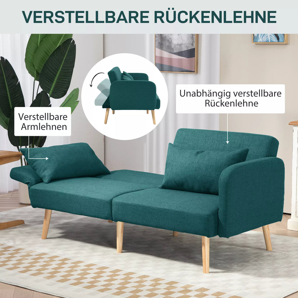 Miegamasis sofos, 3-vietė sofa su lovos funkcija, 2 pagalvės, minkšta sofa su reguliuojamu atlošu, lino išvaizda, žalia