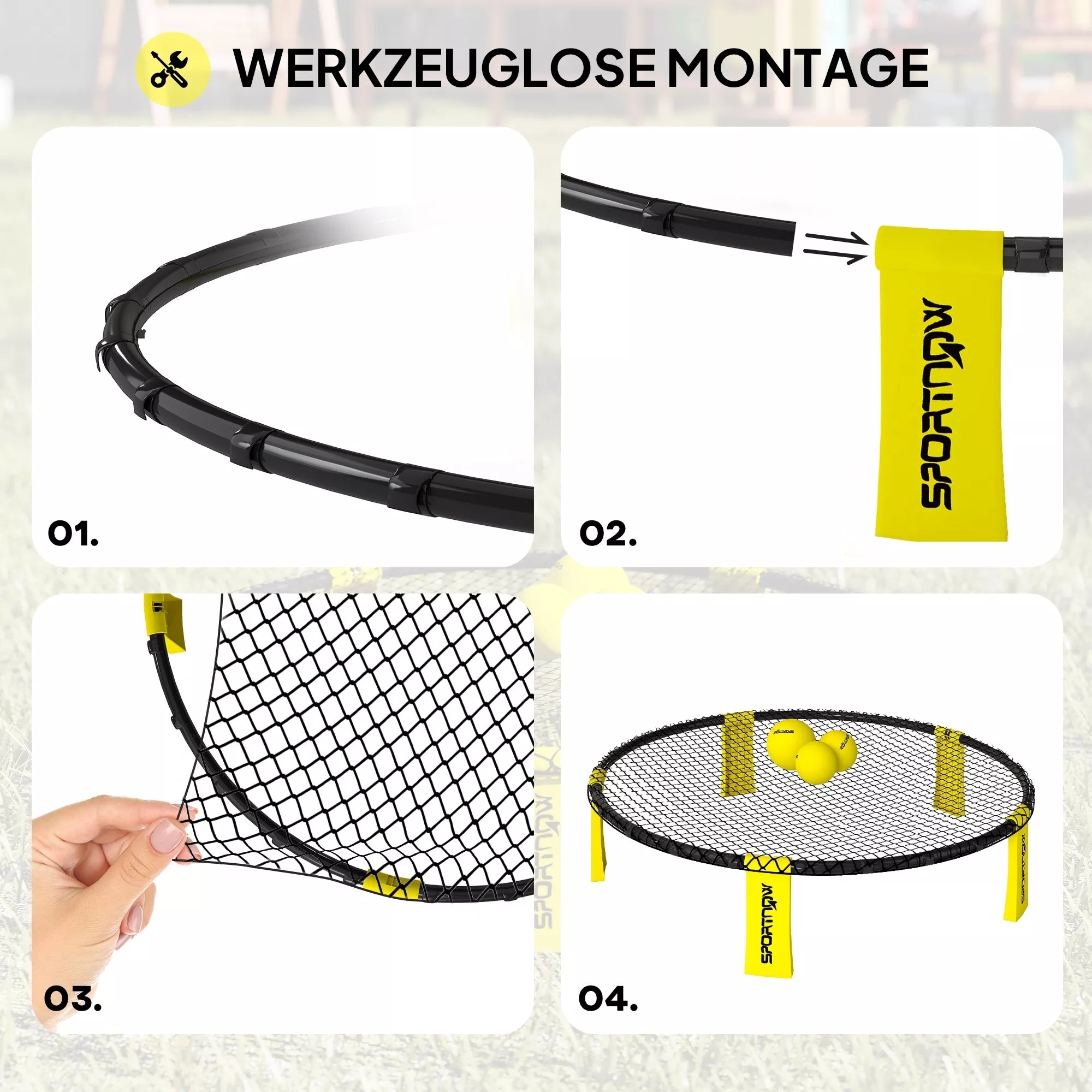 Roundnet komplektas su tinklu ir 3 kamuoliais, 92 cm, geltonas