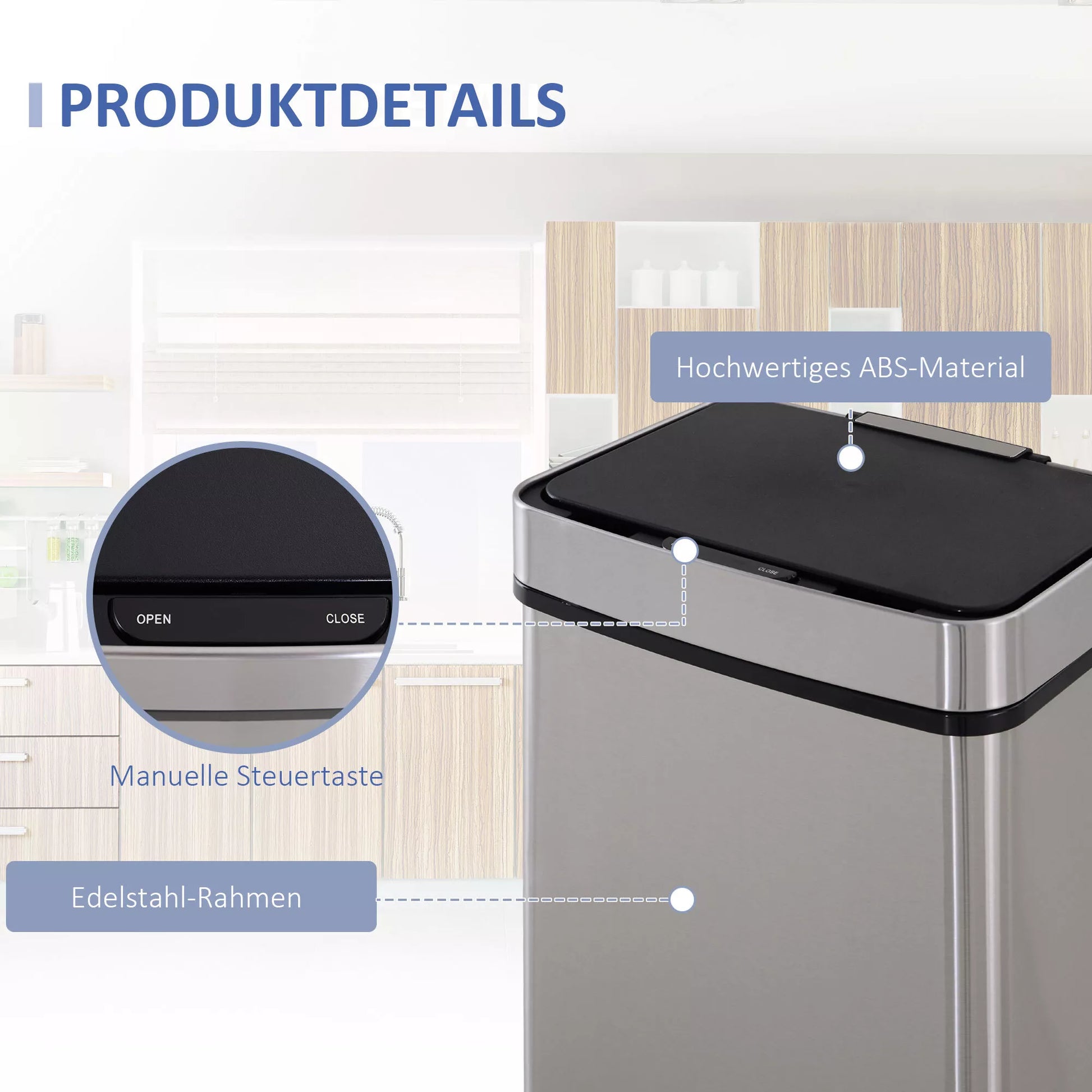 Šiukšliadėžė su jutikliu 47 l + 2 x 12,5 l Automatinė šiukšliadėžė su judesio jutikliu, vandeniui atspari šiukšlių rūšiavimo sistema iš nerūdijančio plieno, skirta virtuvei, sidabrinė