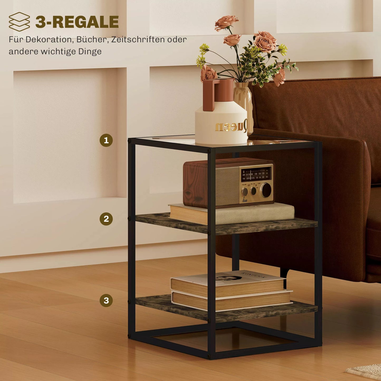 2 vnt. rinkinys stalelių su stikliniu stalviršiu, 3 pakopų dizainas, metalinis rėmas, skirta svetainei, miegamajam, ruda