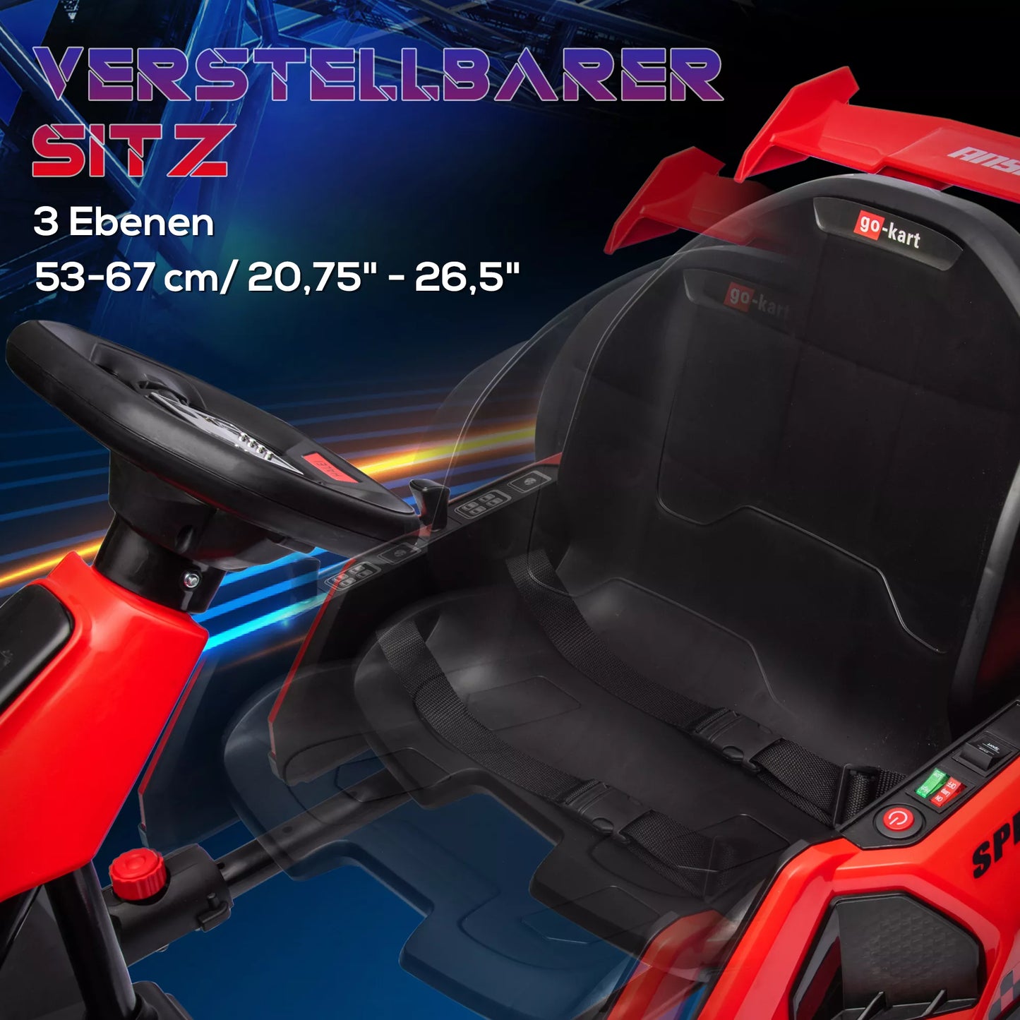 Elektrinis kartingas vaikams, su rageliu ir muzikos funkcija, reguliuojama sėdynė, iki 12 km/h, plastikas, metalas, raudonas