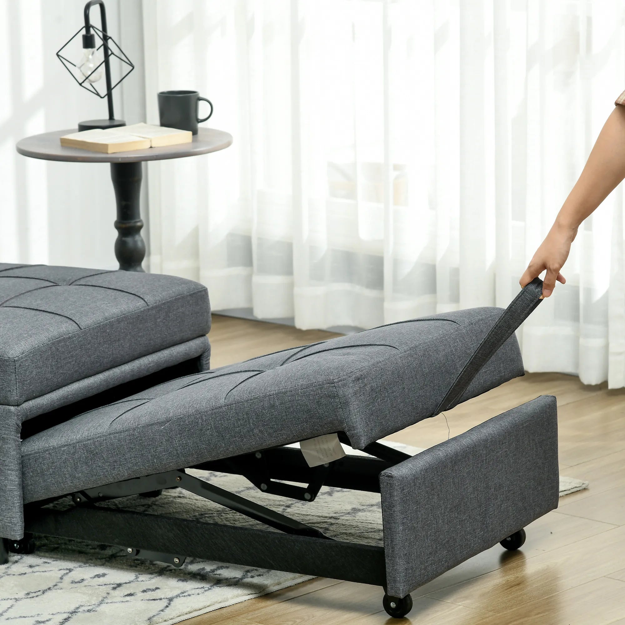 Patogus atlošiamasis fotelis-lova 3-in-1 fotelis, modernus, iki 150 kg, lininės išvaizdos, su pagalvėle, 65,5 x 104 x 81 cm, tamsiai pilkas