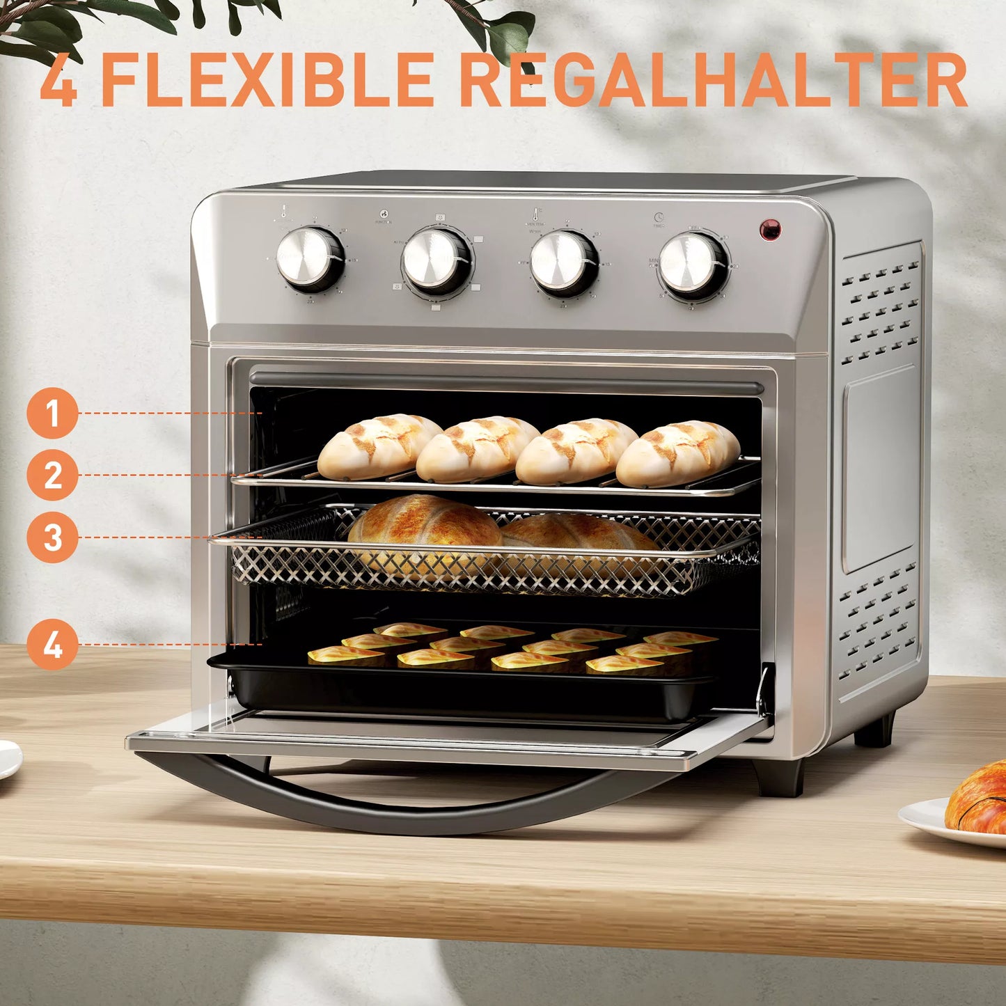 Minikepimo orkaitė su „AirFryer“ funkcija, 6 kaitinimo režimai, laikmatis, priedai, 24 l, sidabrinė