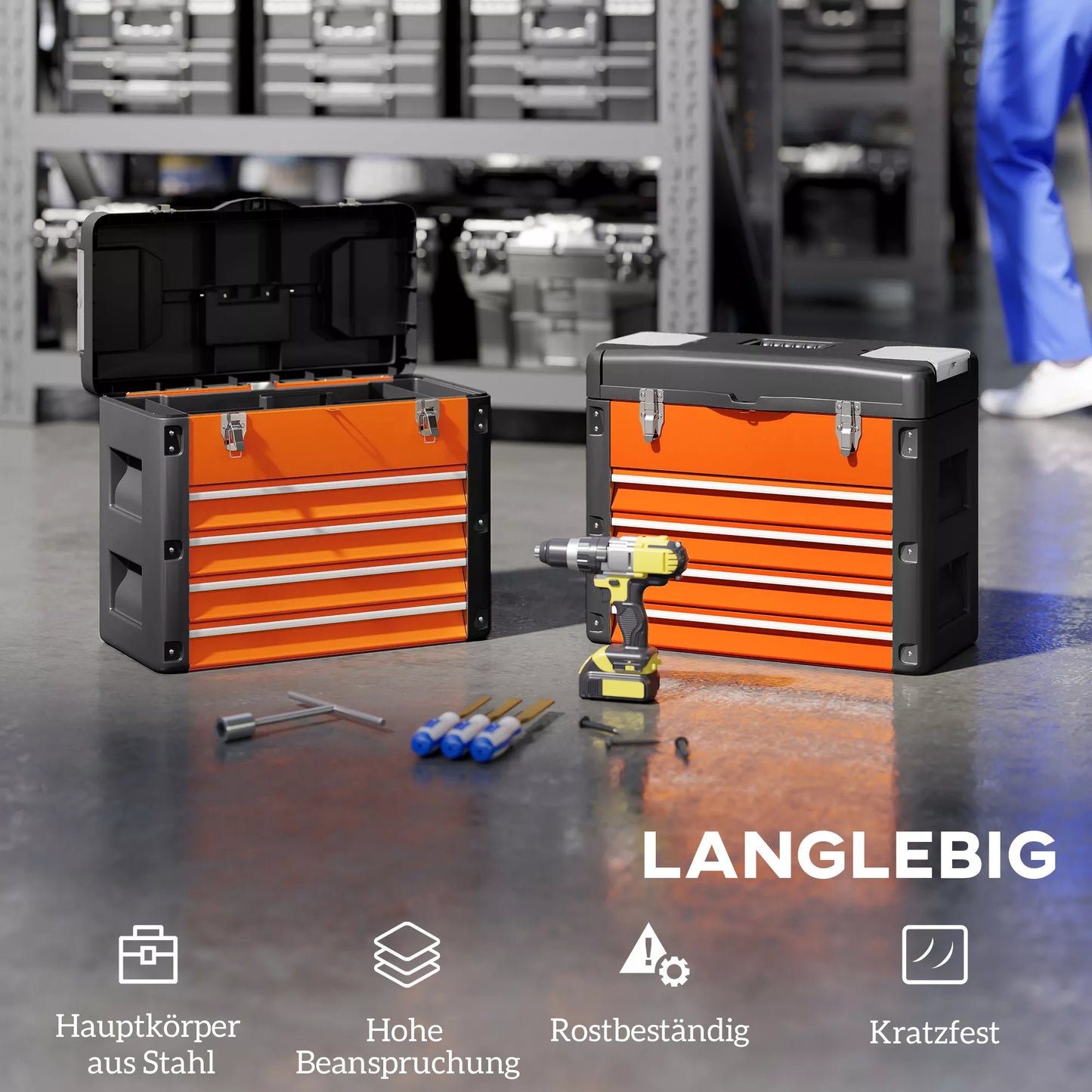 Tuščia įrankių dėžė su 4 stalčiais, 49,7 x 25,3 x 40,7 cm, mini dėžė, plieninė, oranžinė