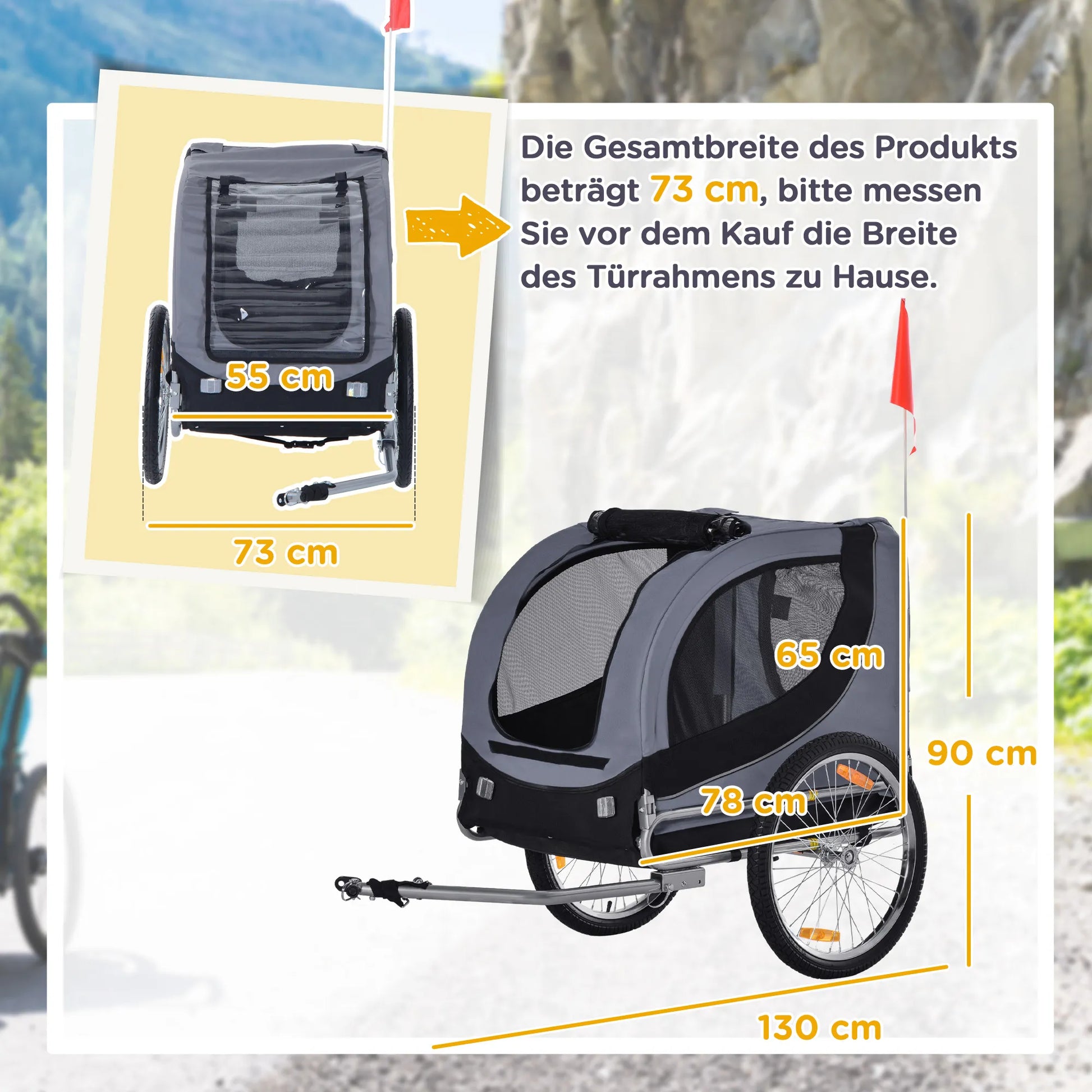 Šunų priekaba Dviračių priekaba iki 20 kg, sulankstoma, su universaliu sukabintuvu, atšvaitais, vėliava, sandėliuojama, plieno + poliesterio, pilkos + juodos spalvos, 130 x 73 x 90 cm