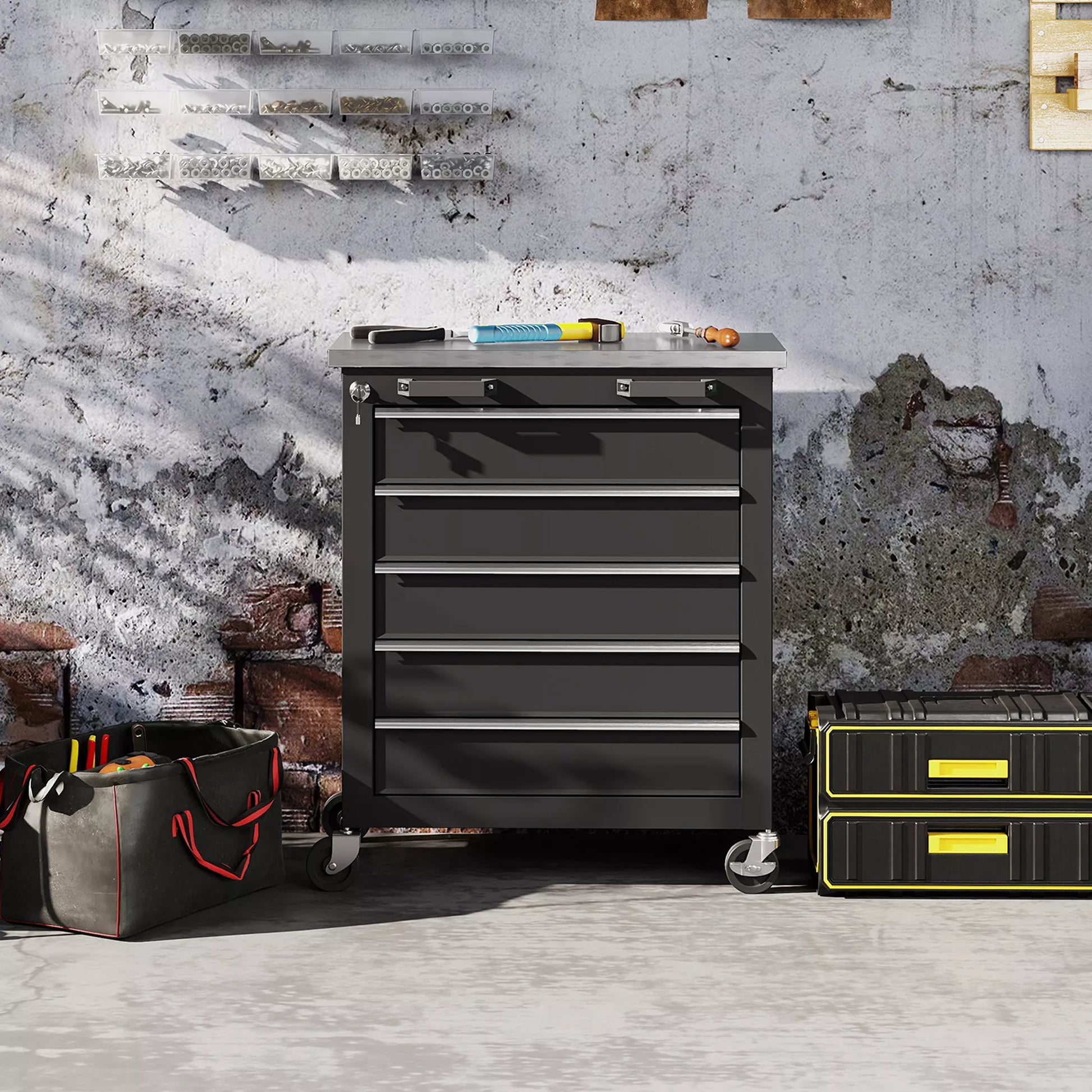 Įrankių vežimėlis su 5 stalčiais, ratinė įrankių dėžė, plieninis įrankių spintelė, sidabro+juoda