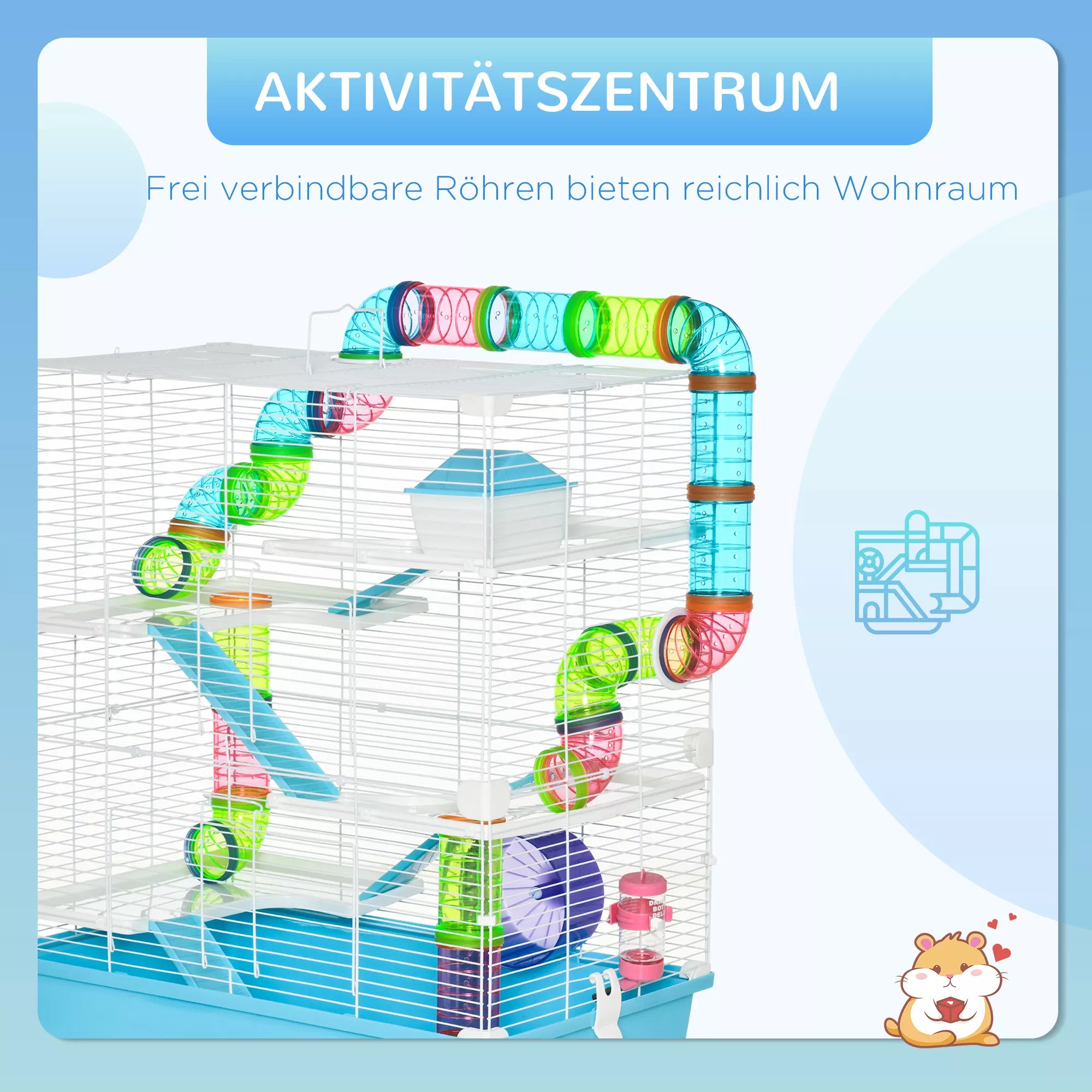 Hamsterio narvas, 5 aukštų graužikų narvas, mažų gyvūnų narvas iš plieninio vielos su bėgimo ratu, rampa, gėrimo buteliuku, maisto dubenėliu, pelės narvas hamsteriams, žiurkėnams 59 x 36 x 69 cm, šviesiai mėlynas + baltas