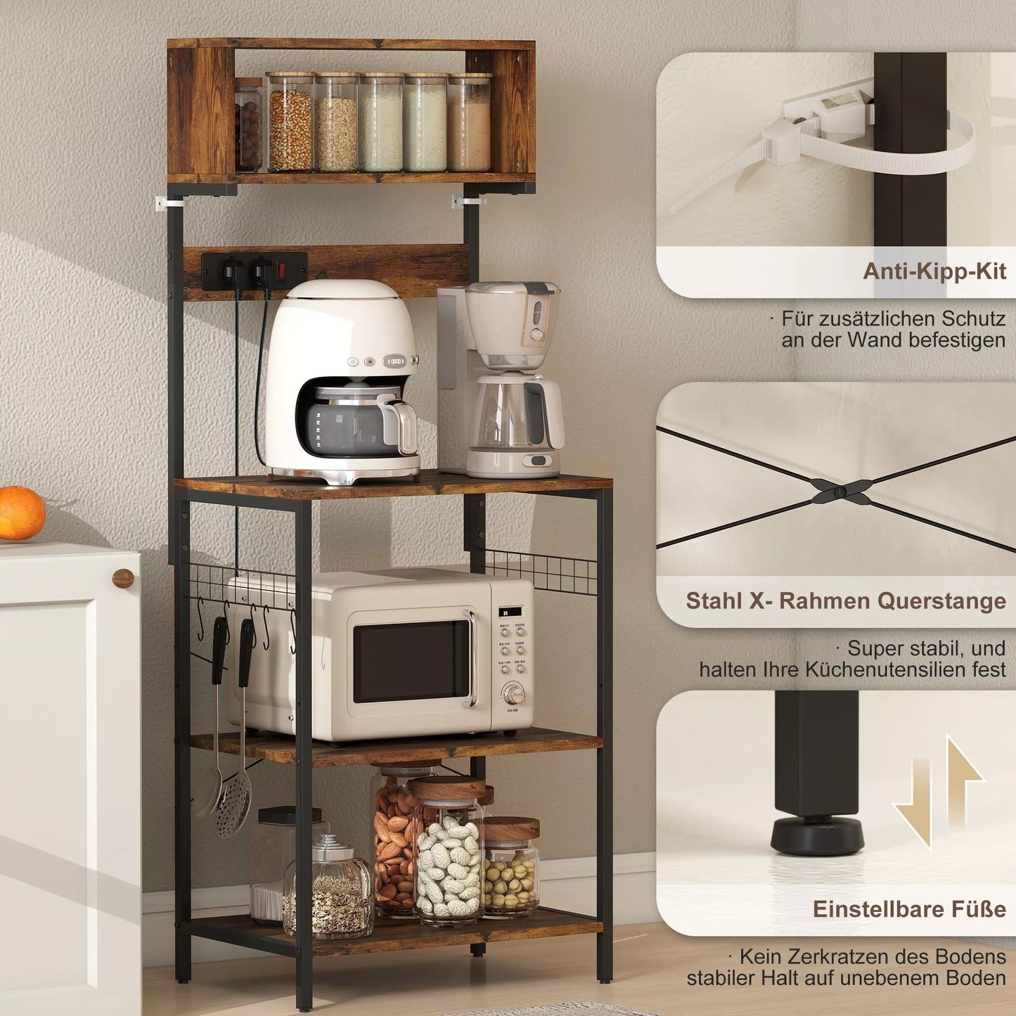 Virtuvės lentynos, stovas su 5 S formos kabliais, 5 lentynomis, rozete, pagamintas iš plieno, rusvos spalvos, 60 x 42 x 153 cm