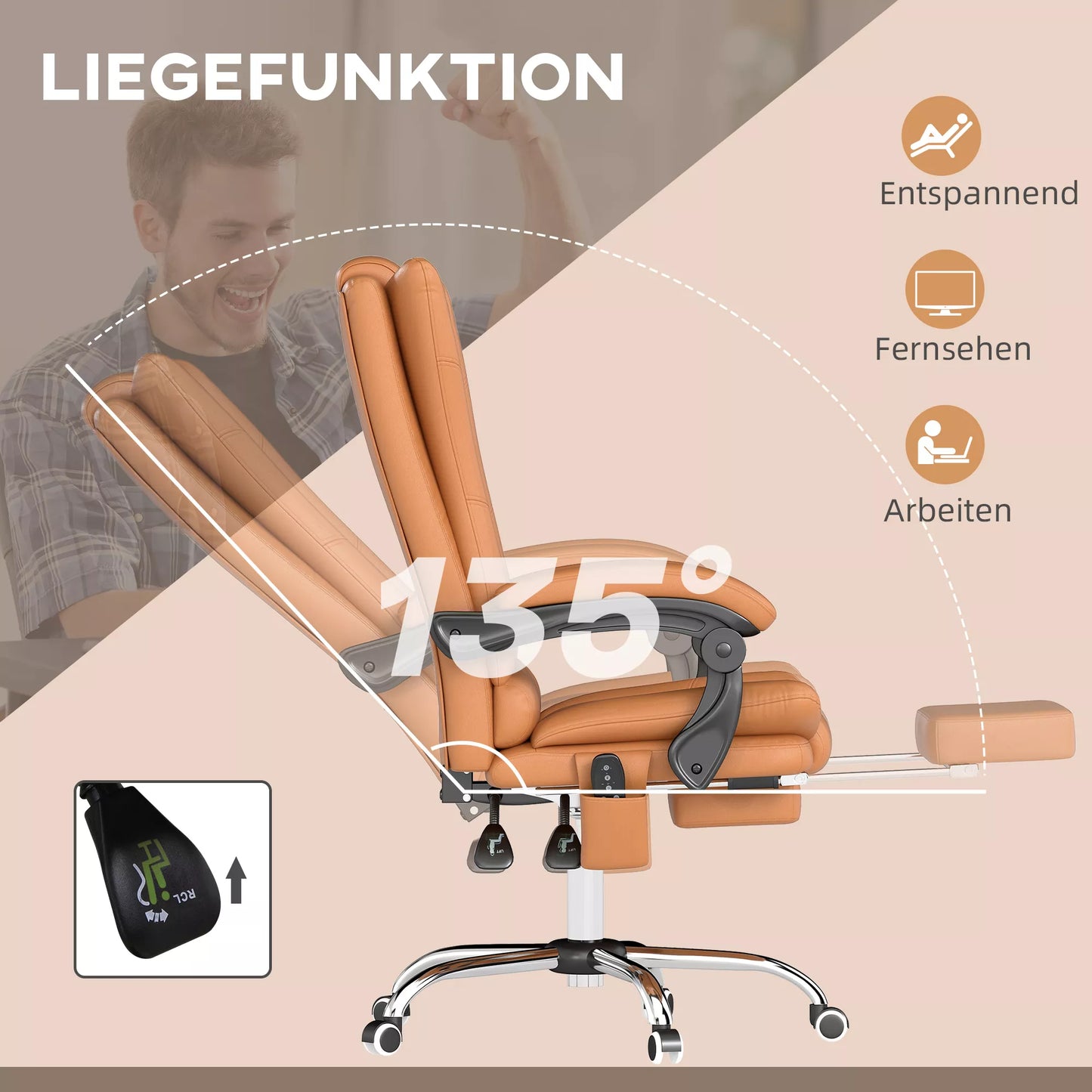 Masažinė biuro kėdė, darbo kėdė su šildymo funkcija, pasukama kėdė, atlošiama funkcija, aukščiui reguliuojama kompiuterio kėdė, šviesiai ruda