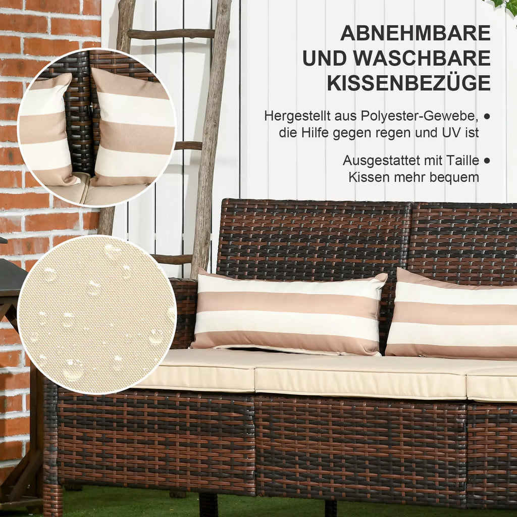 Rattan sofos su pagalvėlėmis, trijų vietų, sodo poilsio sofa, plienas, ruda, 173 x 68 x 78 cm
