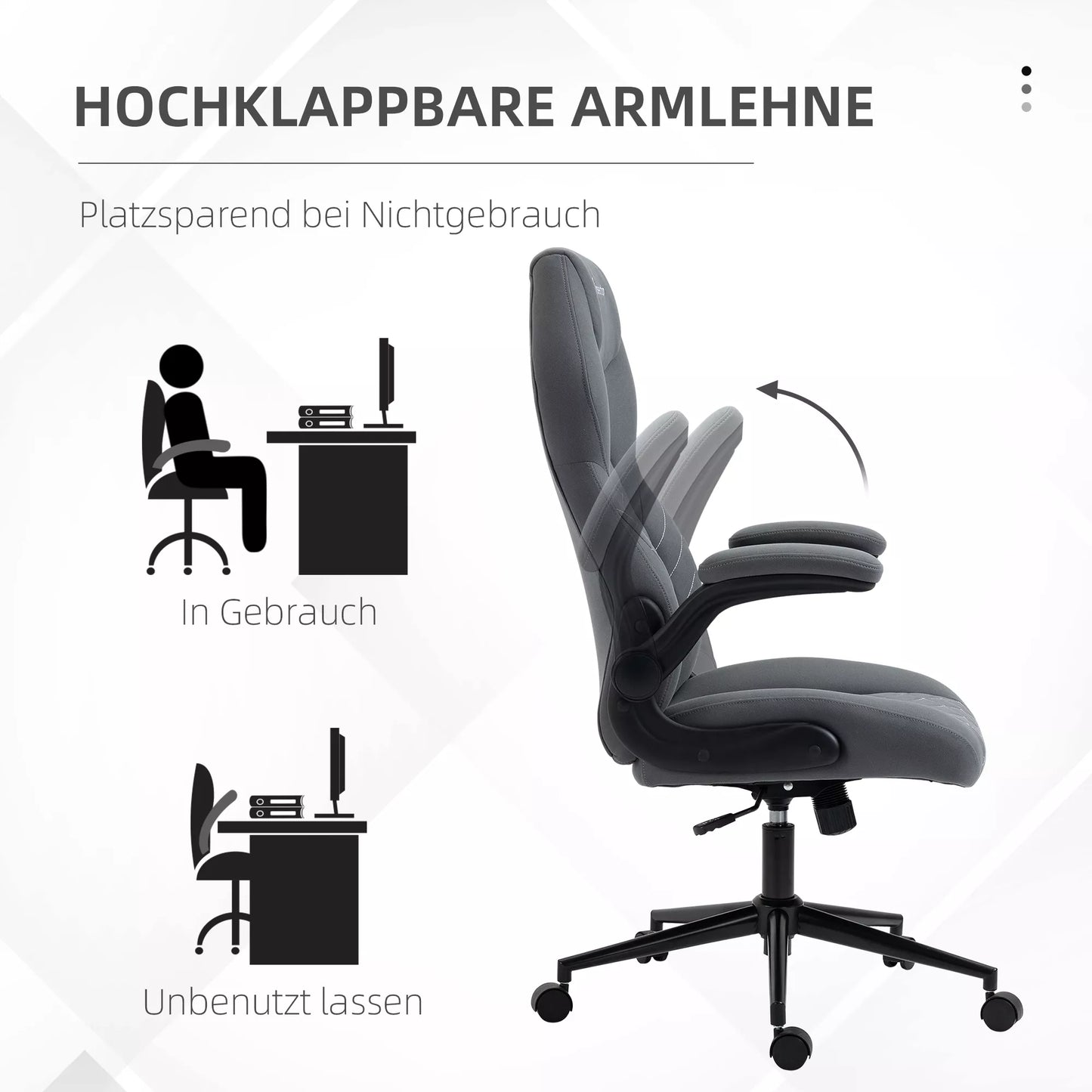 Biuro kėdė su atlošu, reguliuojamo aukščio, atlenkiamais porankiais, svyravimo funkcija, tamsiai pilka