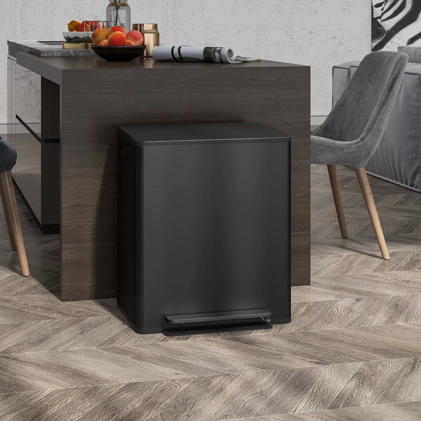 Juoda nerūdijančio plieno šiukšliadėžė su 2x25L skyriais, švelnaus uždarymo dangčiu, atspari pirštų atspaudams