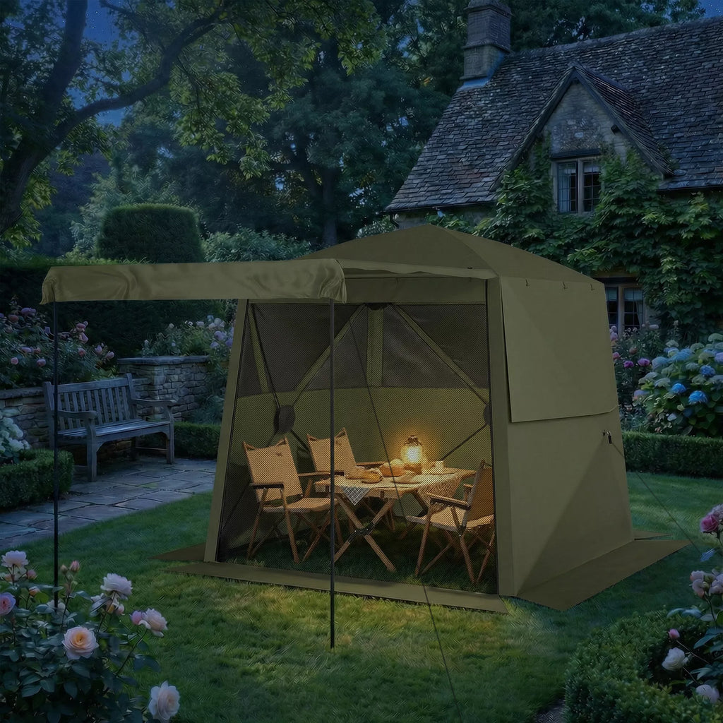 2x2 m paviljonas, atsparus vandeniui, tvirtas, atsparus žiemai, išskleidžiamas sulankstomas paviljonas su 4 šoniniais elementais, tinkliniais langais, priekinėmis durimis, UV 30+