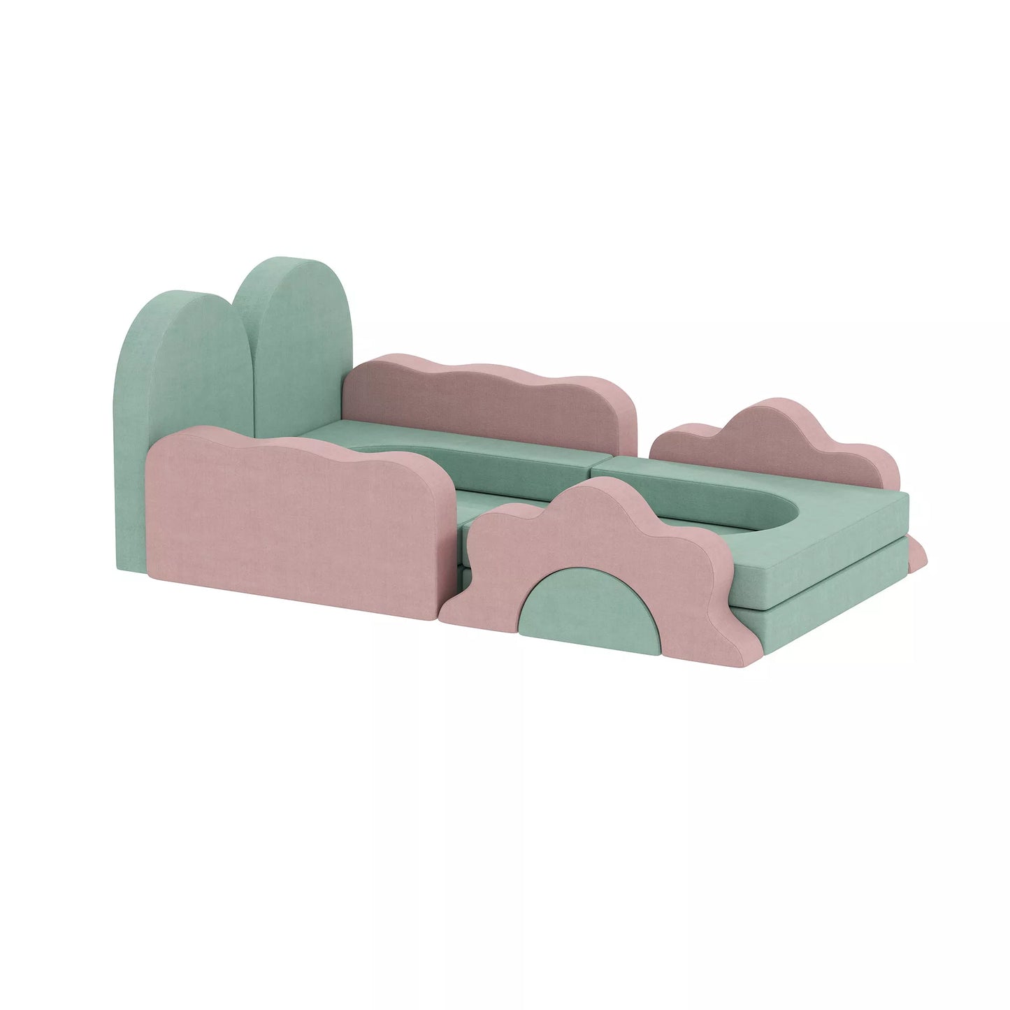 12 dalių putplasčio blokų rinkinys laipiojimui, statyboms, ropojimui, vidinėms žaidimų aikštelėms su corduro audinio užvalkalu, žalia+rožinė