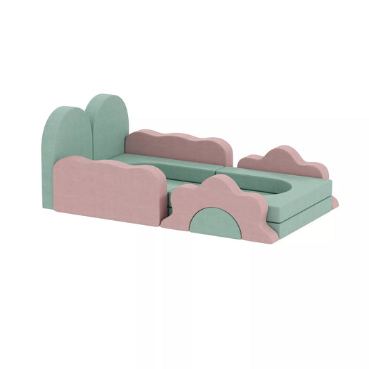 12 dalių putplasčio blokų rinkinys laipiojimui, statyboms, ropojimui, vidinėms žaidimų aikštelėms su corduro audinio užvalkalu, žalia+rožinė