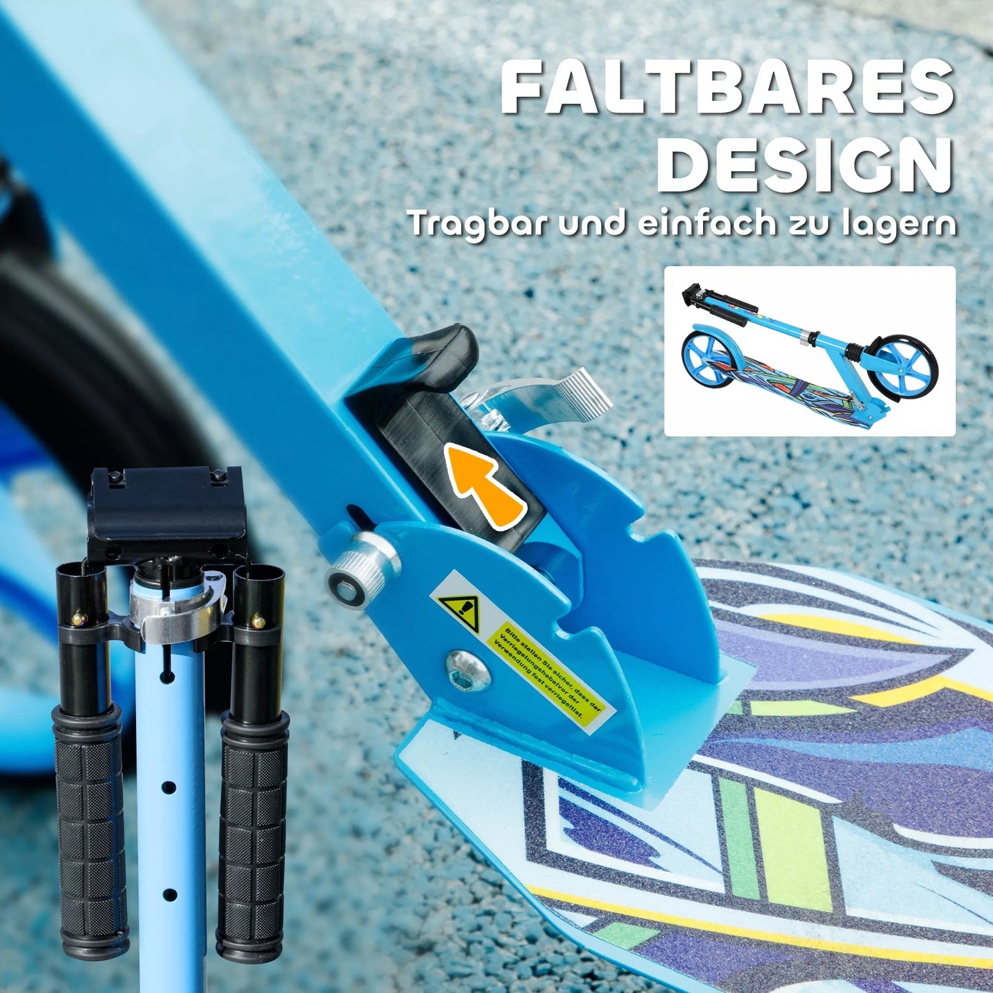 Tretroller, aukščio reguliuojamas, galinis stabdys, sulankstomas, 100 kg apkrova, mėlynas