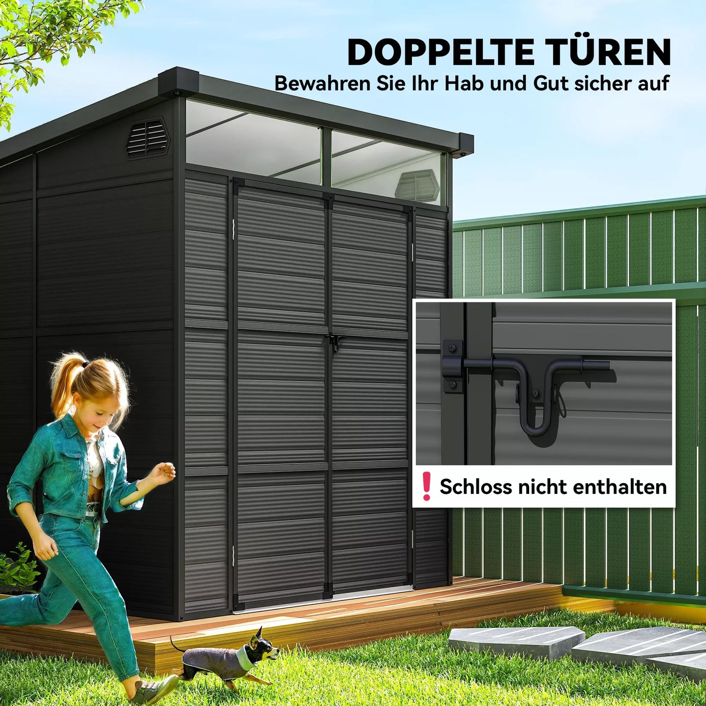 1,9 x 1,9 m sodo ir įrankių namelis iš plastiko, užrakinamos durys, 2 vėdinimo angos, tamsiai pilka