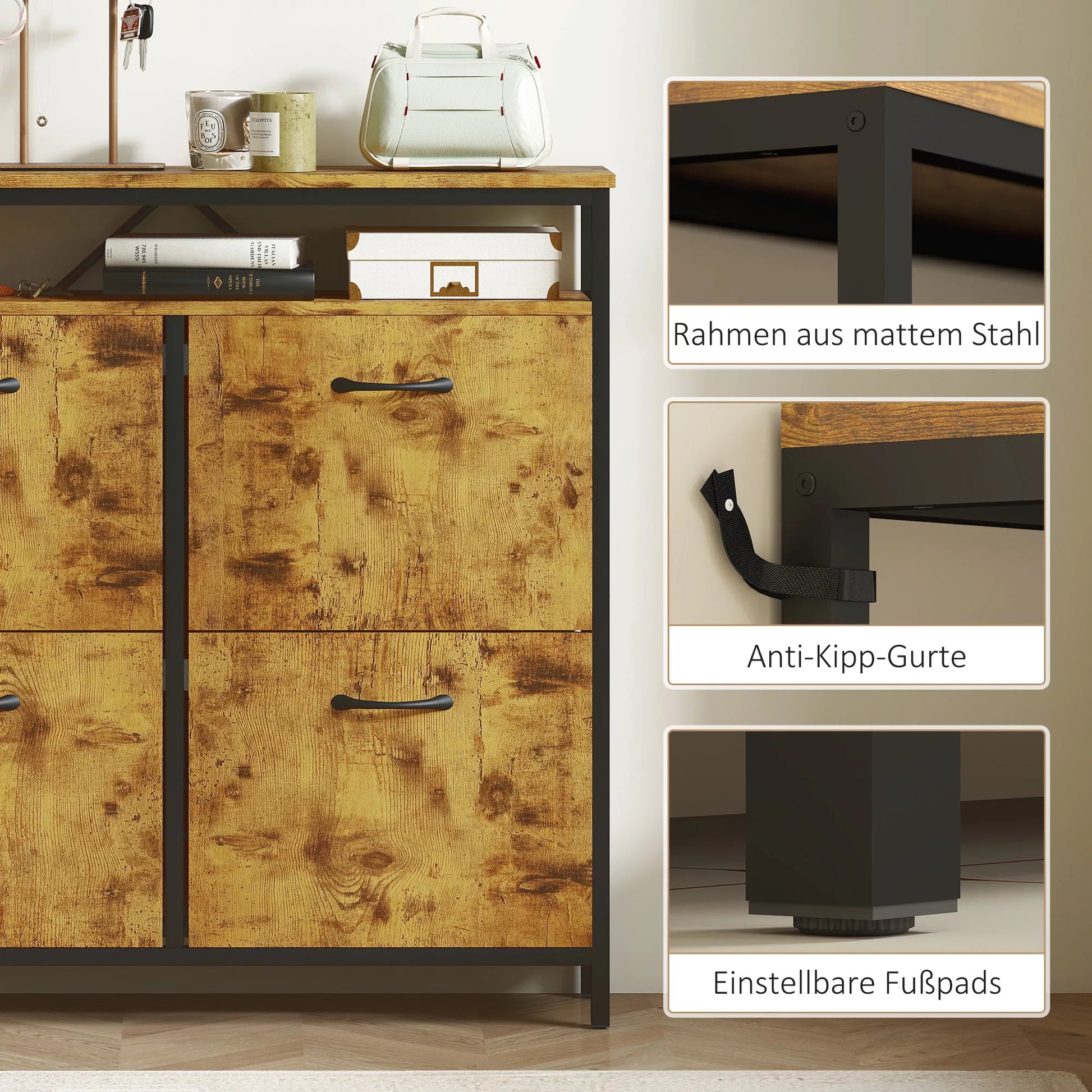 Siauros konstrukcijos batų spinta su 4 atlenkiamais stalčiais, atvira lentyna, talpa 12-20 porų batų, plieninė, ruda