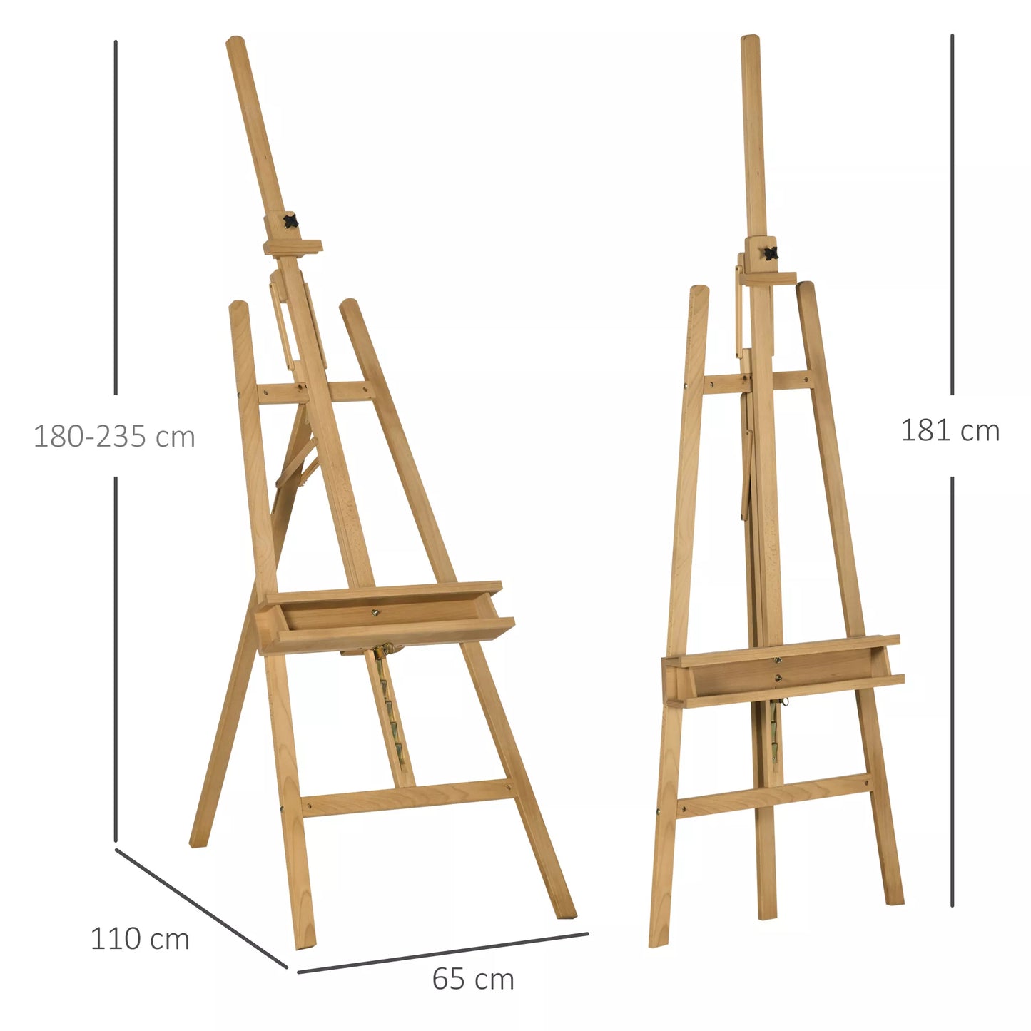 Medinis molbertas, aukščio reguliavimo, sulankstomas, pieštukų padėklas, buko mediena, 65 x 110 x 180–235 cm