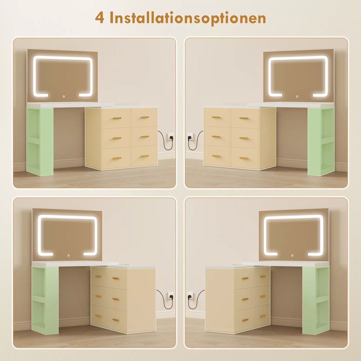 Tualetinis staliukas su reguliuojamu LED veidrodžiu, rozetėmis, 6 stalčiais, 2 atviromis lentynomis, baltas