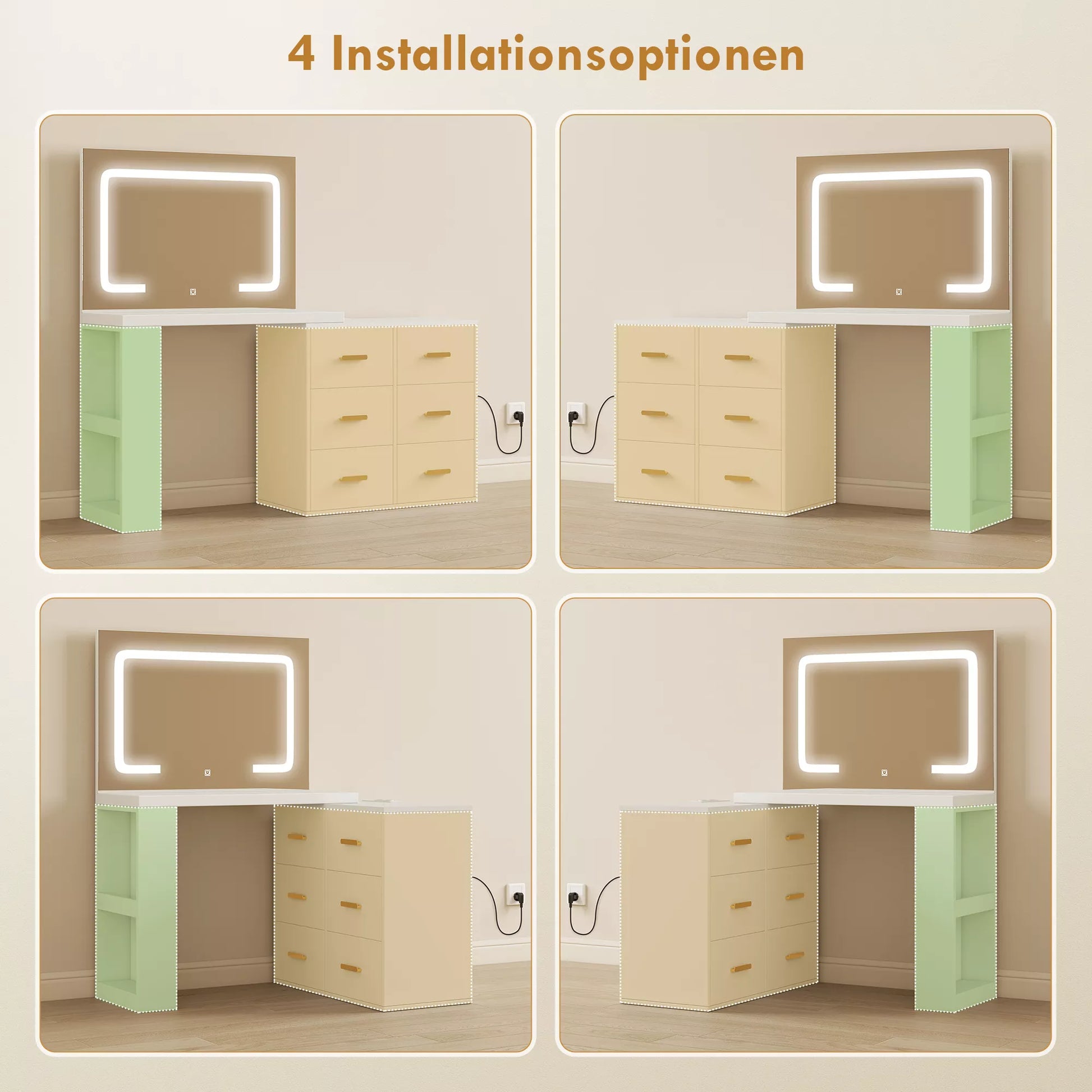 Tualetinis staliukas su reguliuojamu LED veidrodžiu, rozetėmis, 6 stalčiais, 2 atviromis lentynomis, baltas