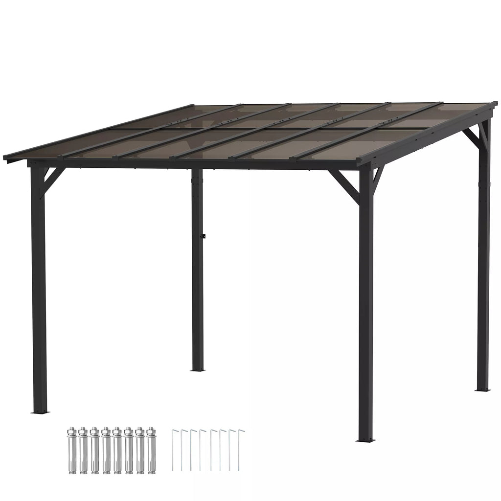 Prie sienos tvirtinama terasos pastogė, polikarbonato stogo pergola, metalas ir aliuminis, 306x294x258 cm, tamsiai pilka
