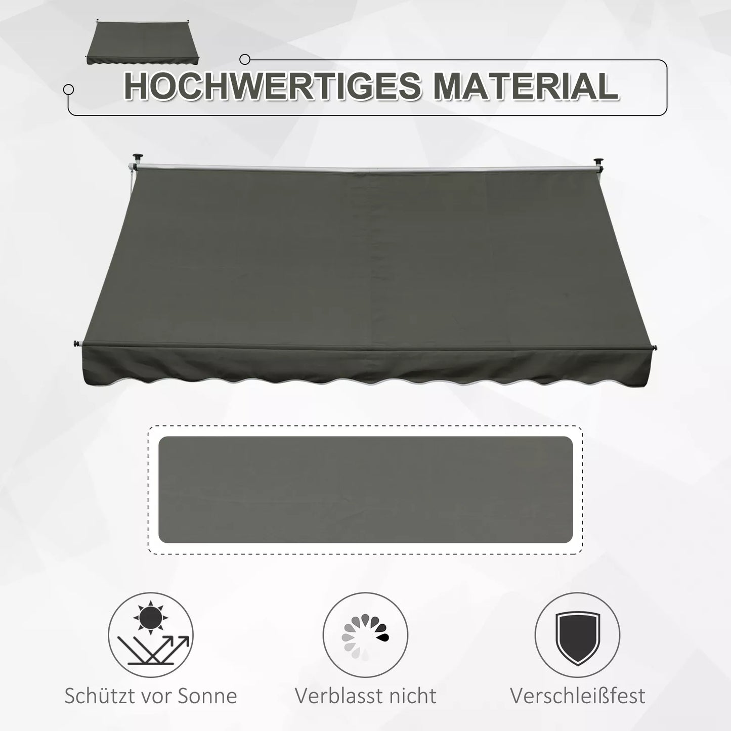 Įtempiama markizė su rankine rankena, reguliuojamo aukščio. Išskleidžiamos svirties markizė, atspari nešvarumams, oro sąlygoms. Balkonui markizė, 150 cm pločio. Terasei markizė terasai, balkonui, verandai. Pilka