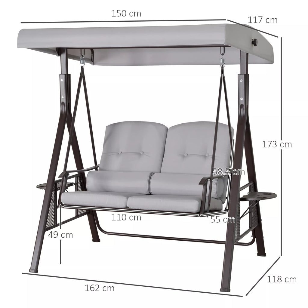 2 vietų Hollywood šūklas Sodo šūklas su saulės stogu Pagalvės Padėklas Metalas Poliesteris Pilka 162 x 118 x 173 cm