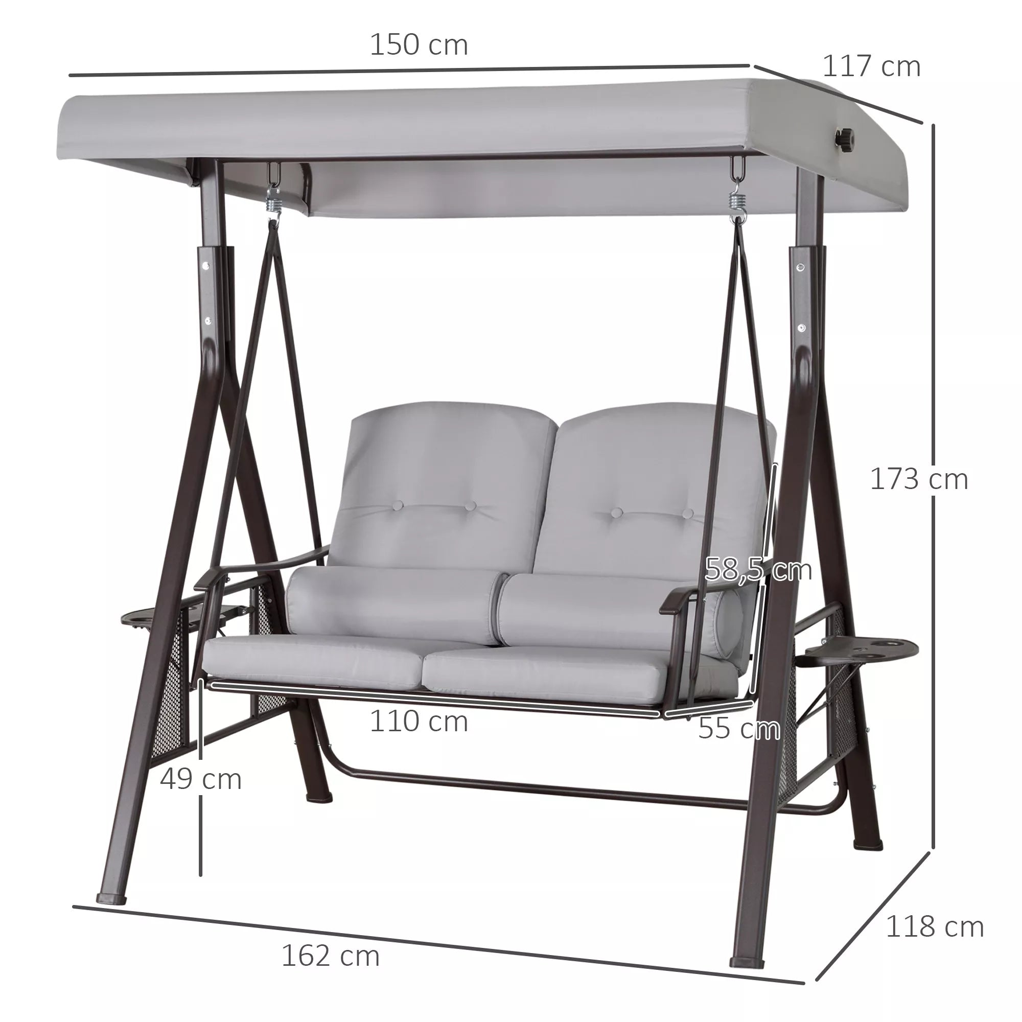 2 vietų Hollywood šūklas Sodo šūklas su saulės stogu Pagalvės Padėklas Metalas Poliesteris Pilka 162 x 118 x 173 cm