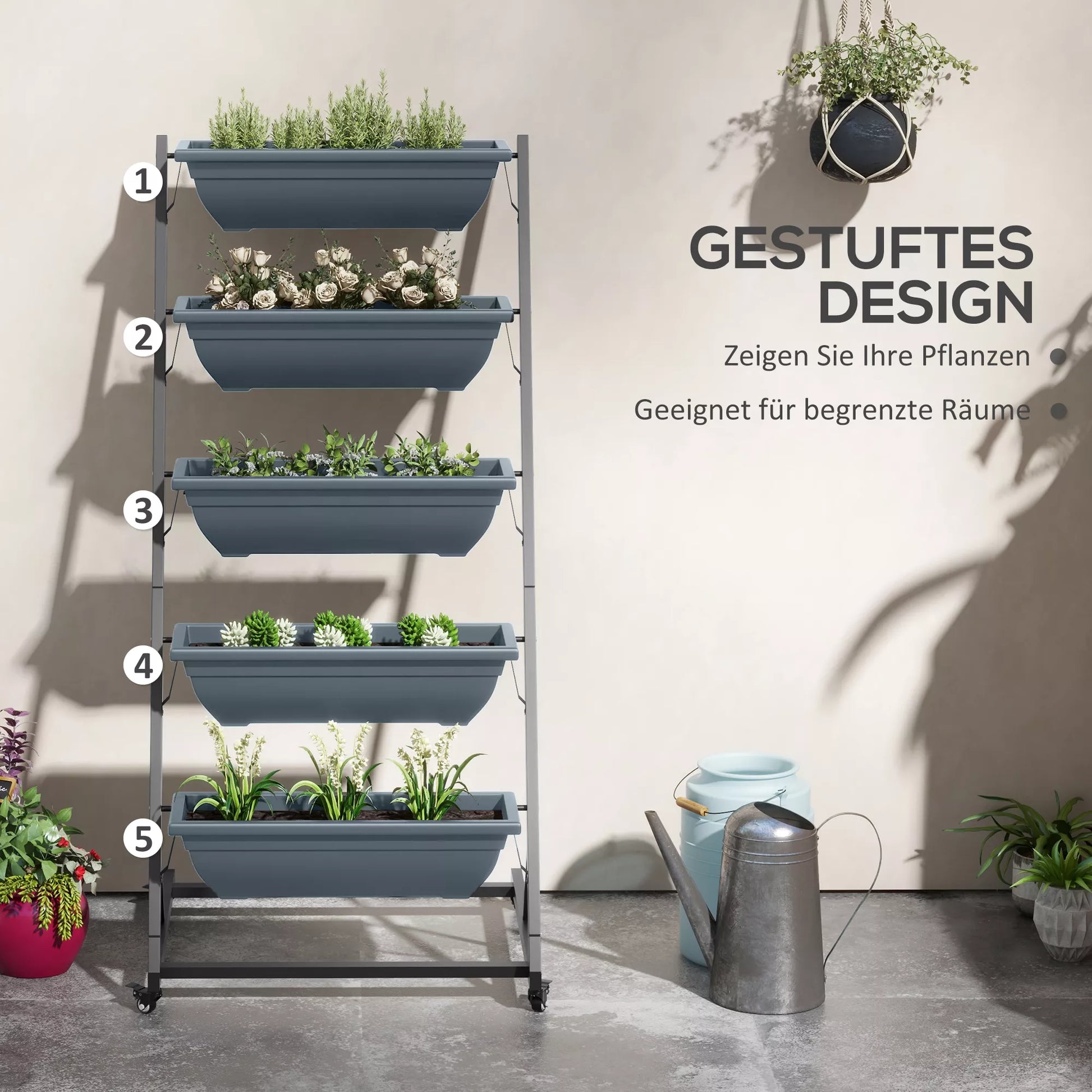 Augalų laiptai Gėlių laiptai Augalų lentynos, sukraunamos, atsparios atmosferos poveikiui, 65 x 67 x 145 cm, pilkos + juodos spalvos