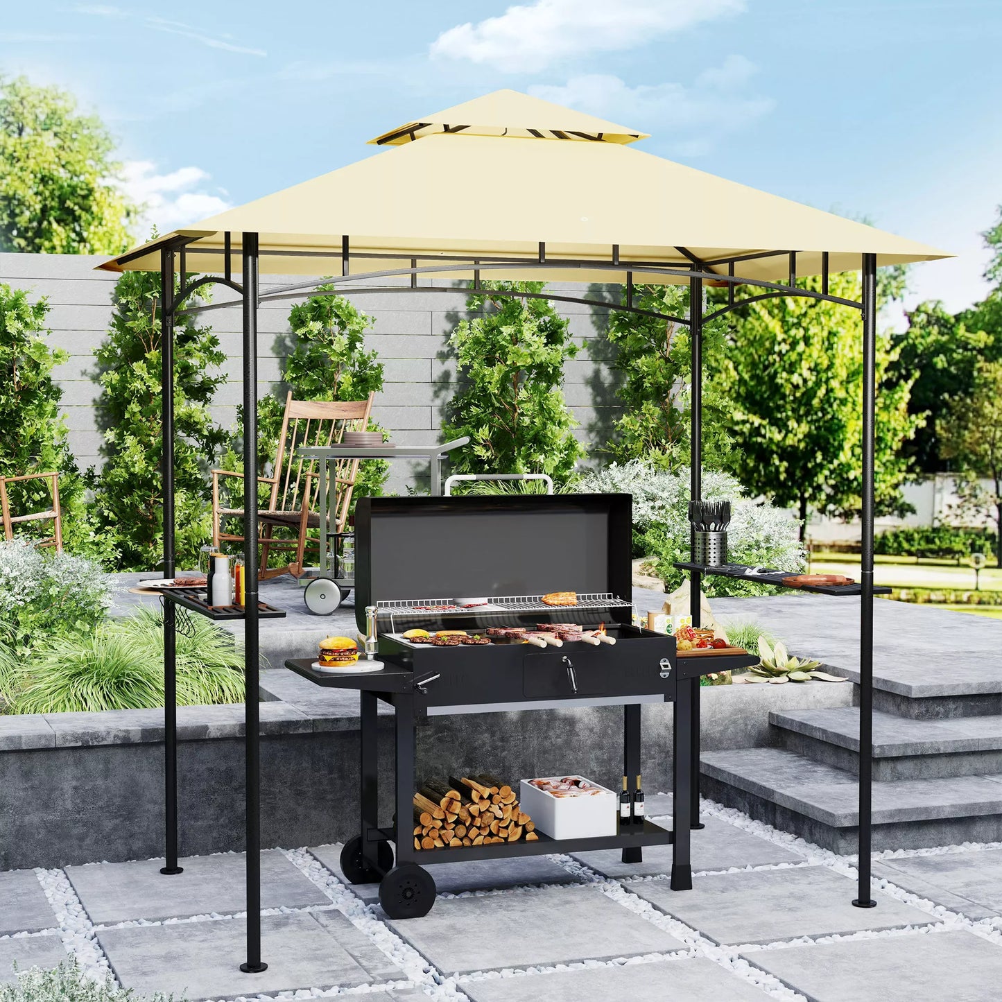 Grill paviljonas su LED 240 x 150 x 258 cm, atsparus vandeniui, ugniai atsparus Sodo paviljonas su dvigubu stogu