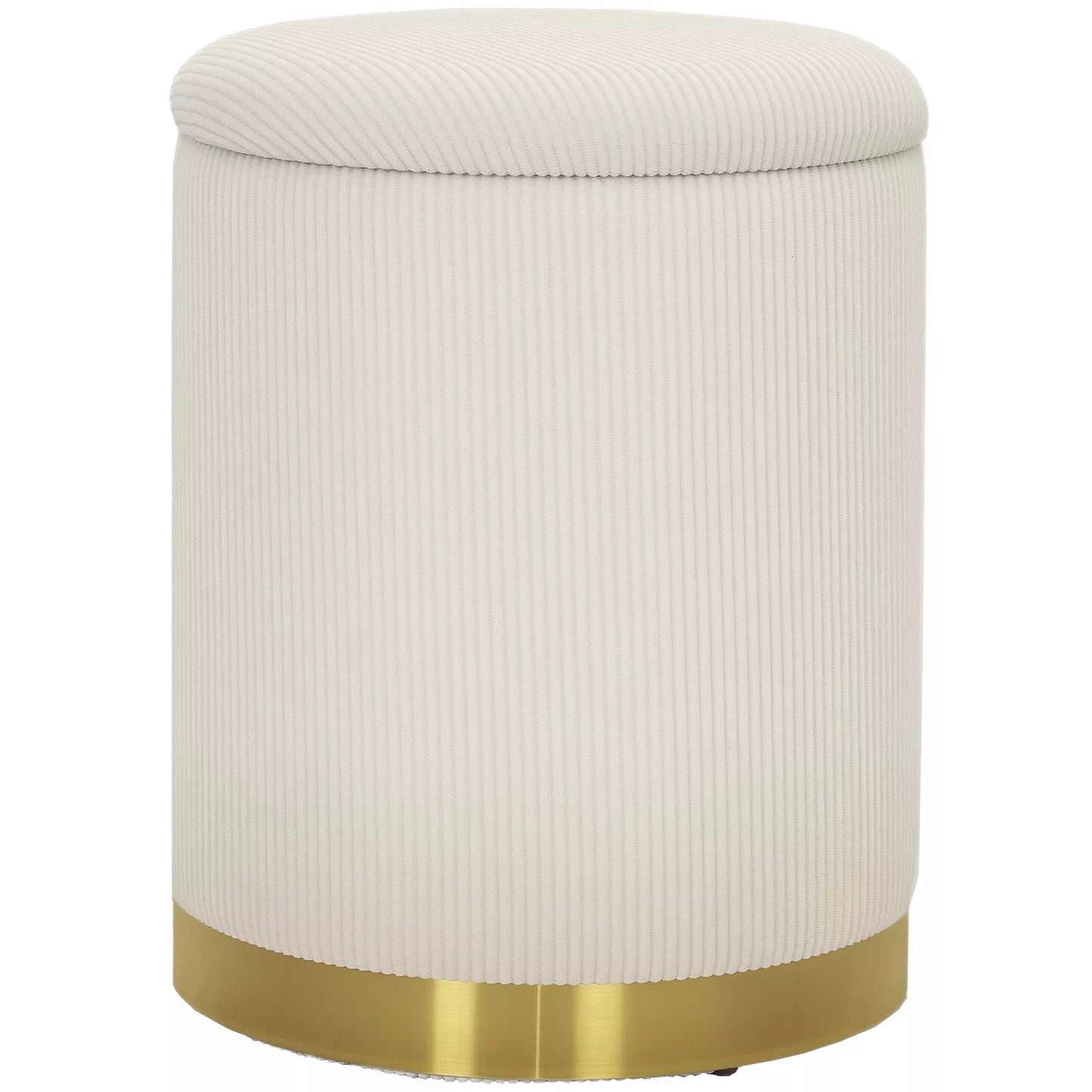 Sėdima taburetė su daiktadėže, sulankstomas pufas su dangčiu, plieniniu pagrindu, apvali taburetė 36 x 36 x 44 cm krembalta